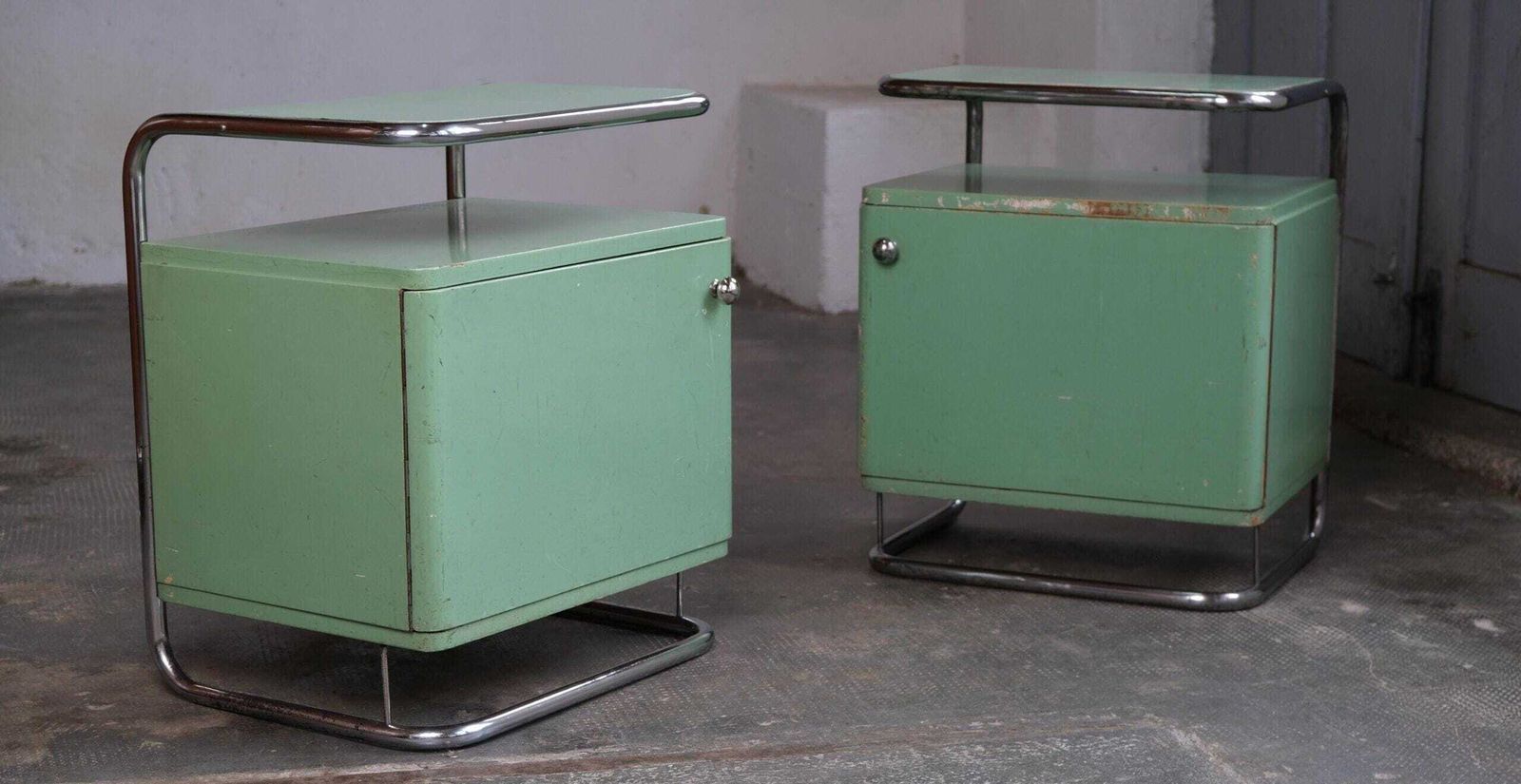 Set Of Two Bauhaus Bedside Tables In Mint Green photo vinterior
