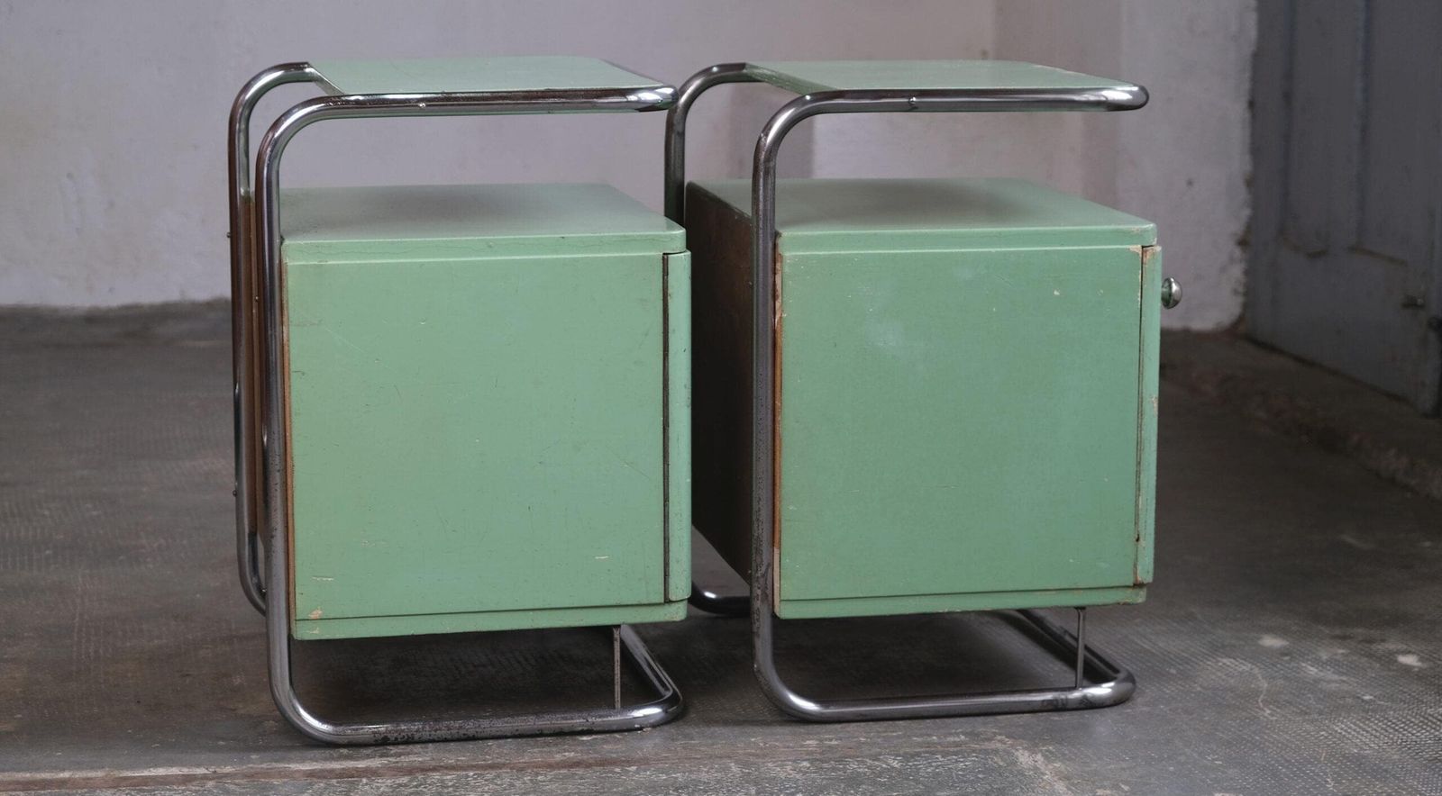 Set Of Two Bauhaus Bedside Tables In Mint Green photo buy