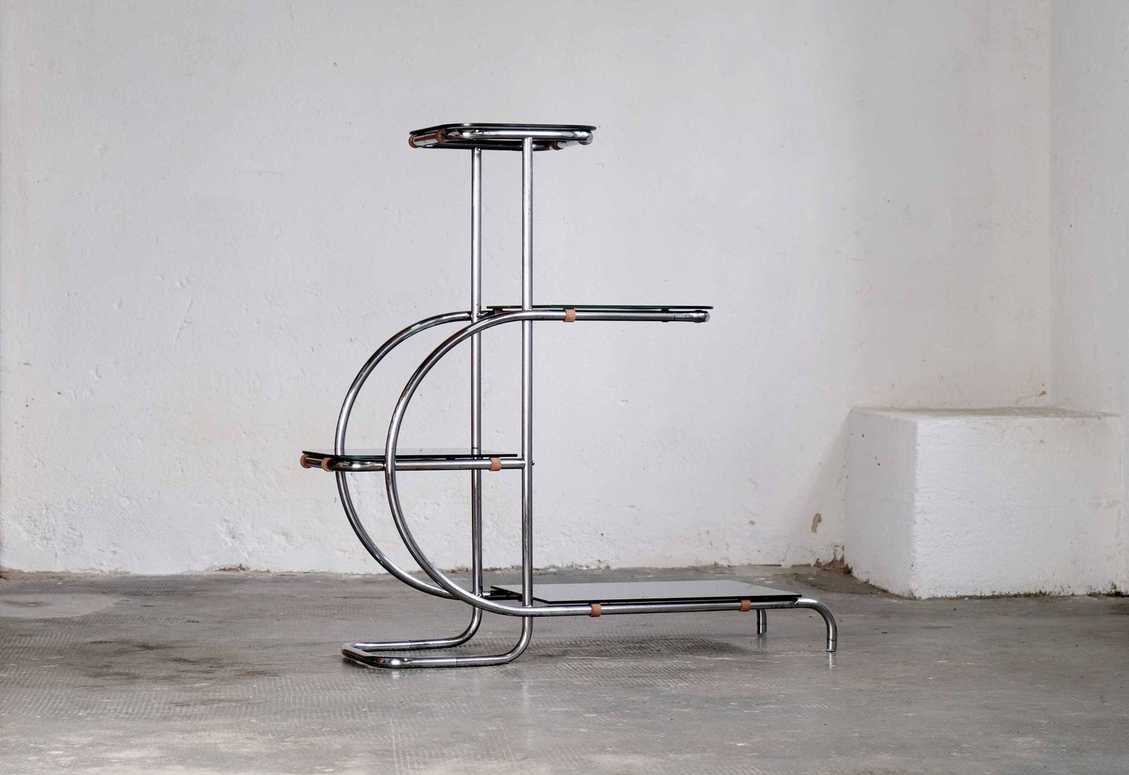 Large Bauhaus Style Tiered Serving Stand With Black Or White Glass Plates