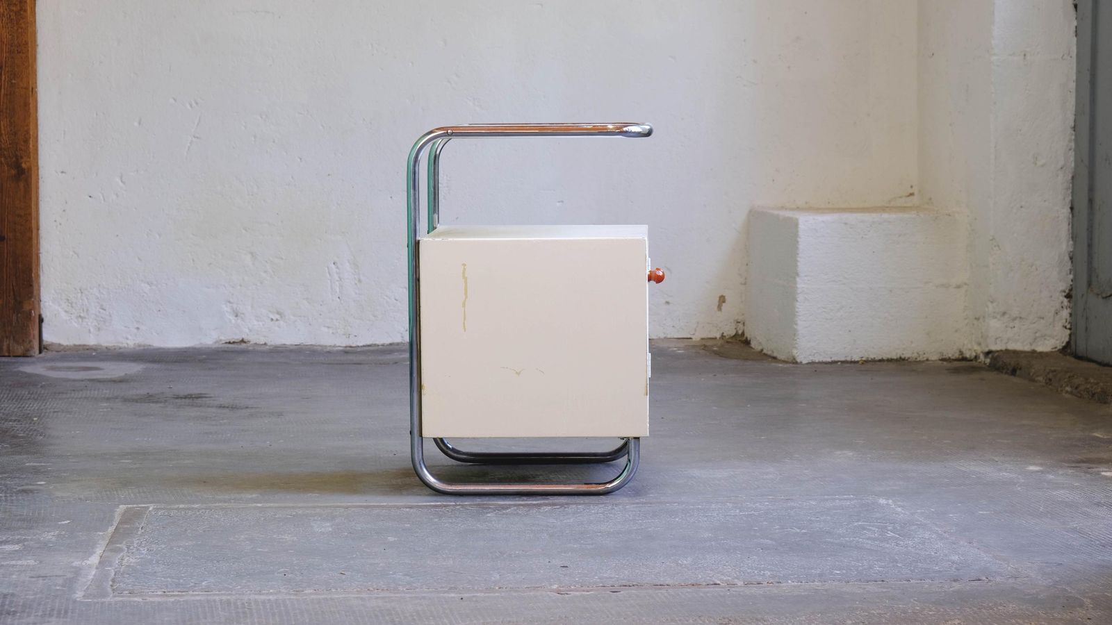 White Art Deco Tubular Steel Bedside Table With Glass Top photo for sale