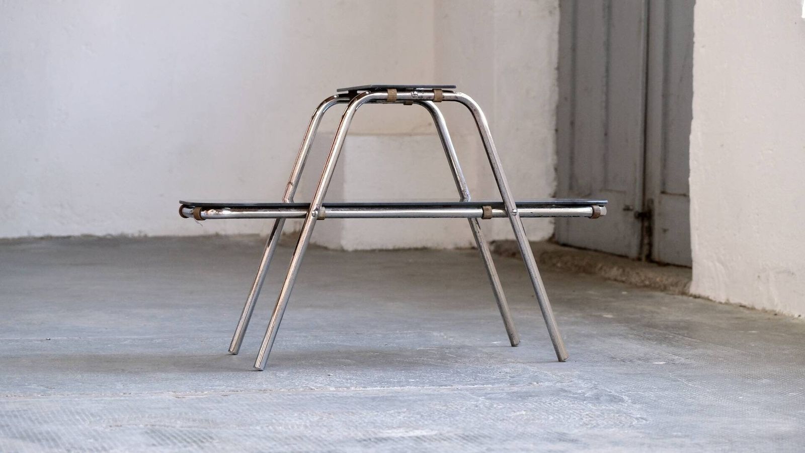 Small Bauhaus Flower Bench With Black Glass Plates photo for sale