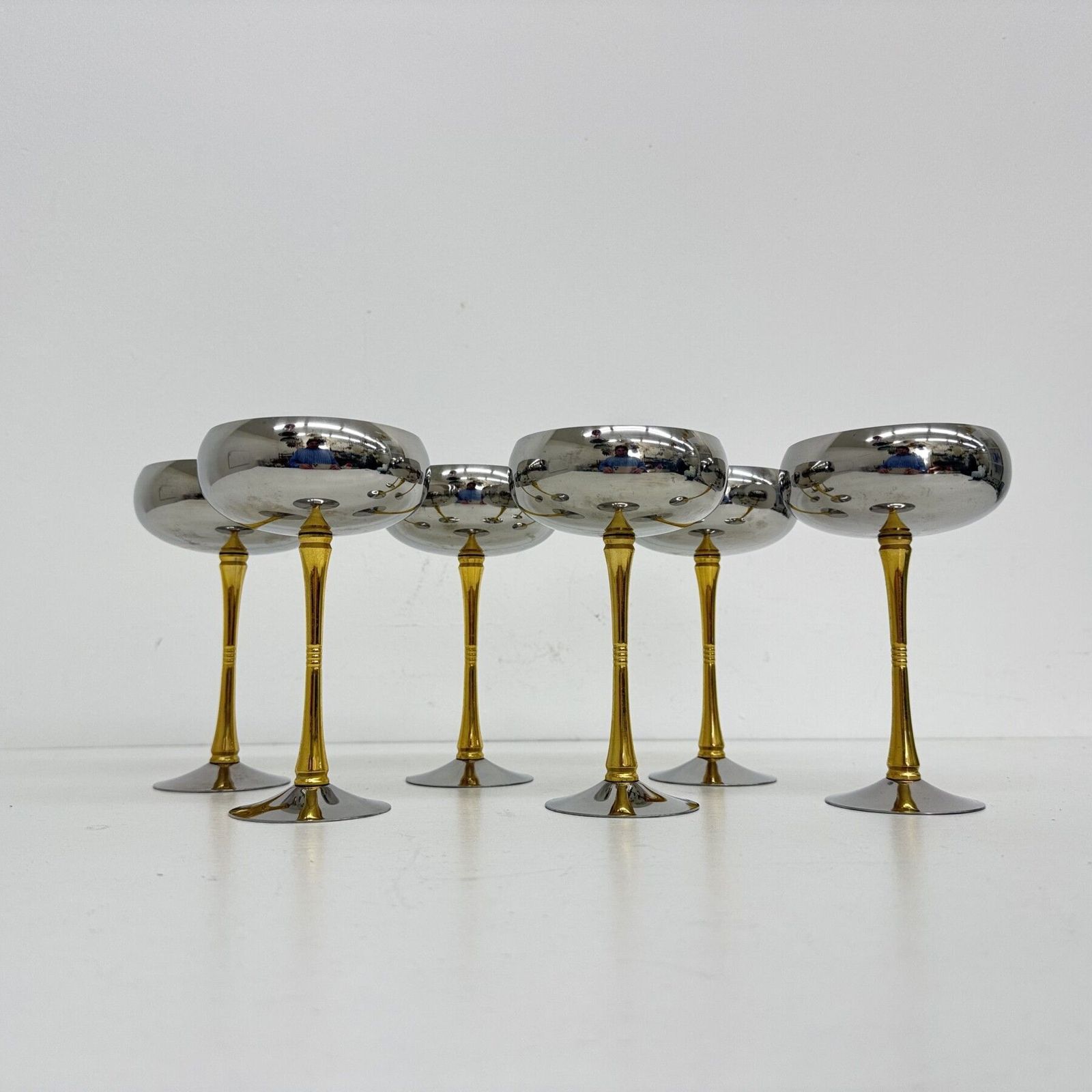 Mid Century Set Van 6 Italiaanse Champagnecoupes Van Roestvrij Staal En Messing, Jaren 1970 photo Woonaccessoires