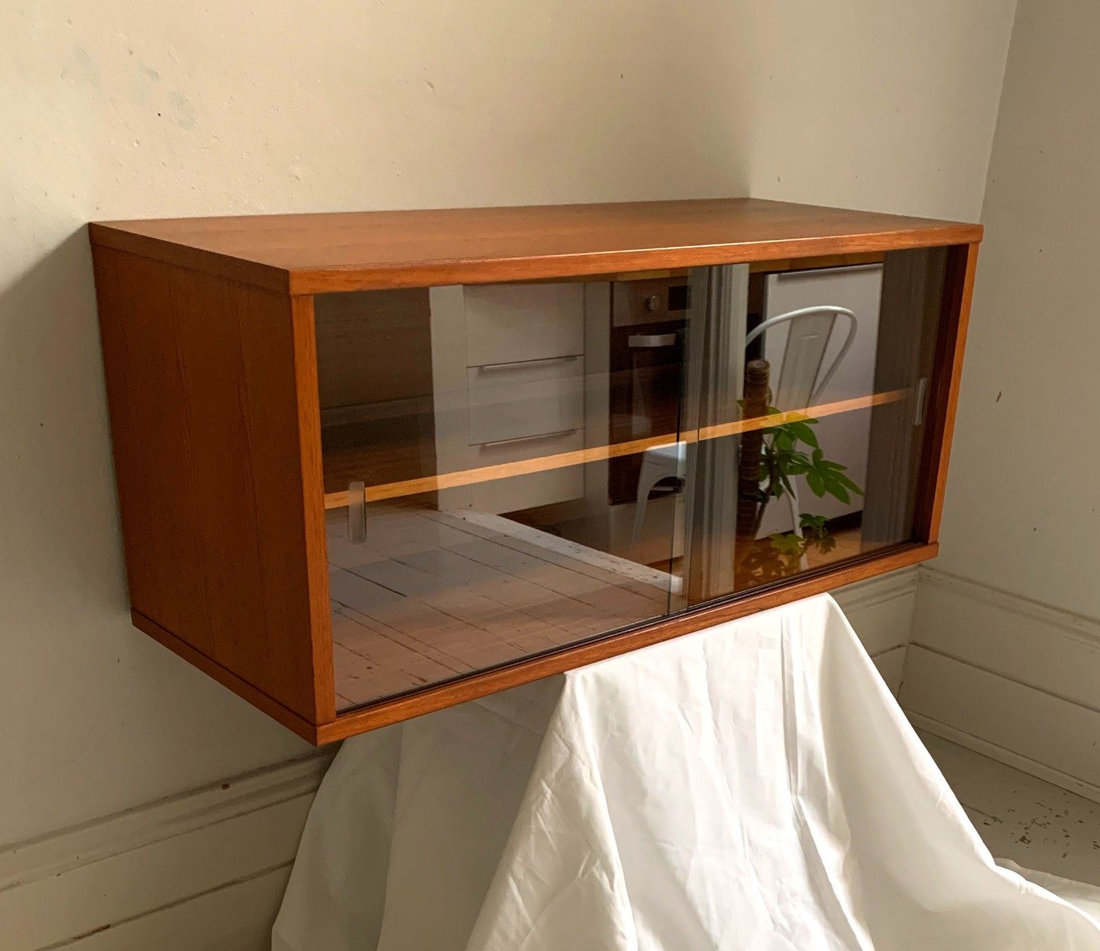 Mid Century Teak Beaver & Tapley 33 Floating Cabinet With Sliding Glass Doors photo furniture