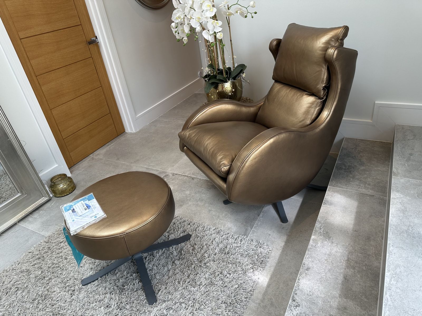 Brand New   Totally Unused   Fama Lenny Leather Chair And Footstool. Gold Dalmata (97).