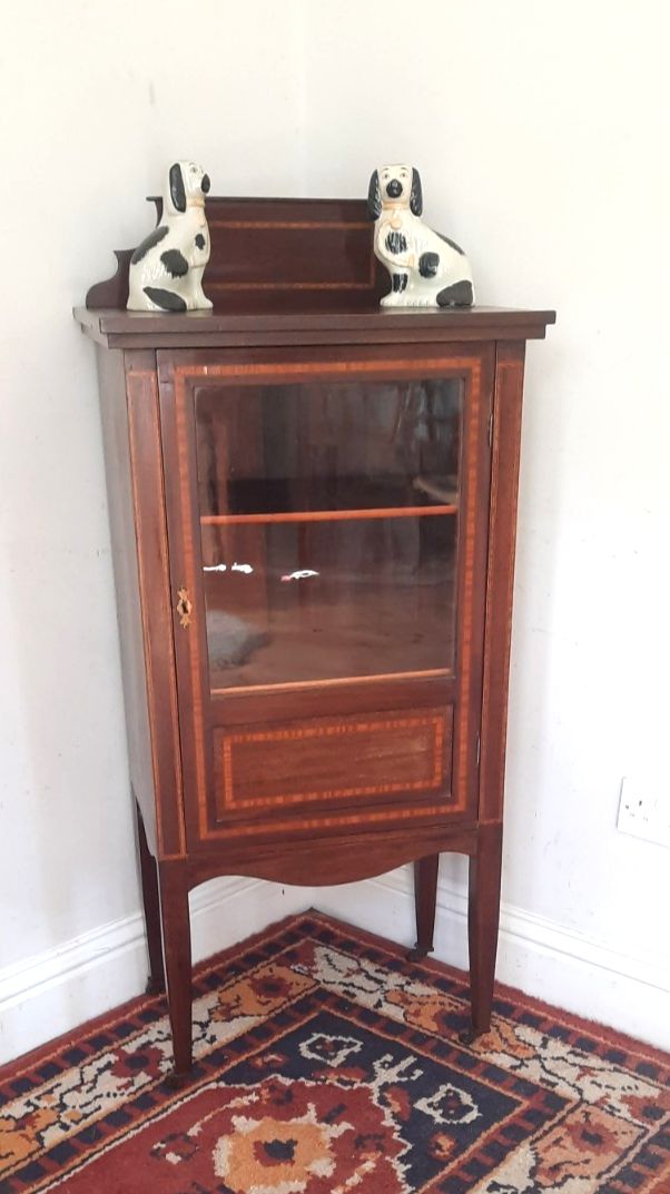 Antique Edwardian Mahogany Inlaid Glazed Display Cabinet With Key