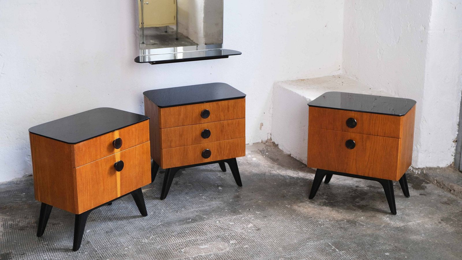 Set Of Two Mid Century Bedside Tables And A Chest Of Drawers With Mirror