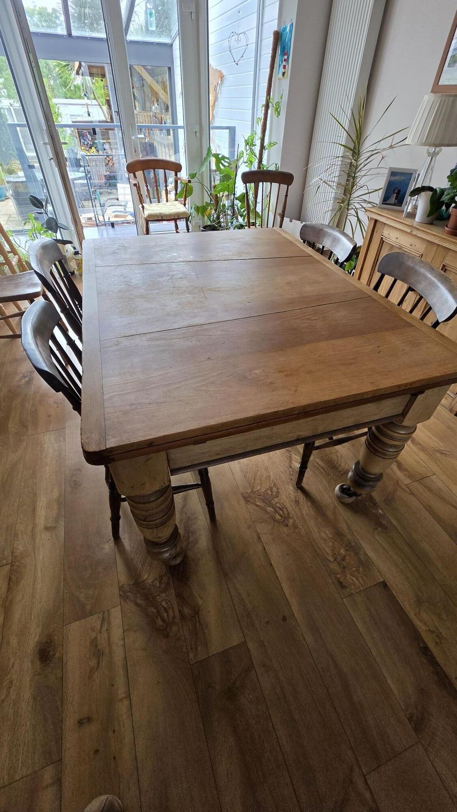 Victorian Farmhouse Set, Pine Top With Turned Elm Legs,  Set Of 8 Windsor Chairs.   Extends To Seat 10 photo Furniture
