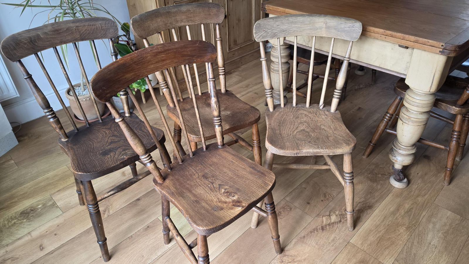 Victorian Farmhouse Set, Pine Top With Turned Elm Legs,  Set Of 8 Windsor Chairs.   Extends To Seat 10 photo vinterior