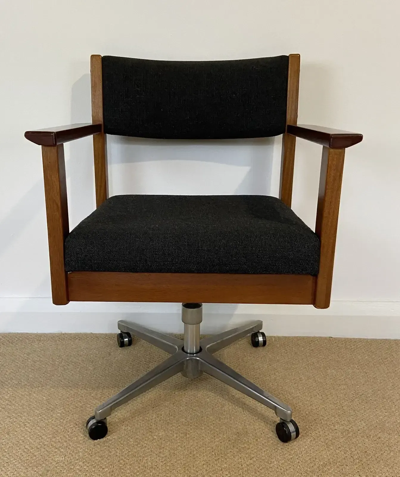 Mid Century Teak Height Adjustable Swivel Office Chair By Doerner Of Canada photo vintage