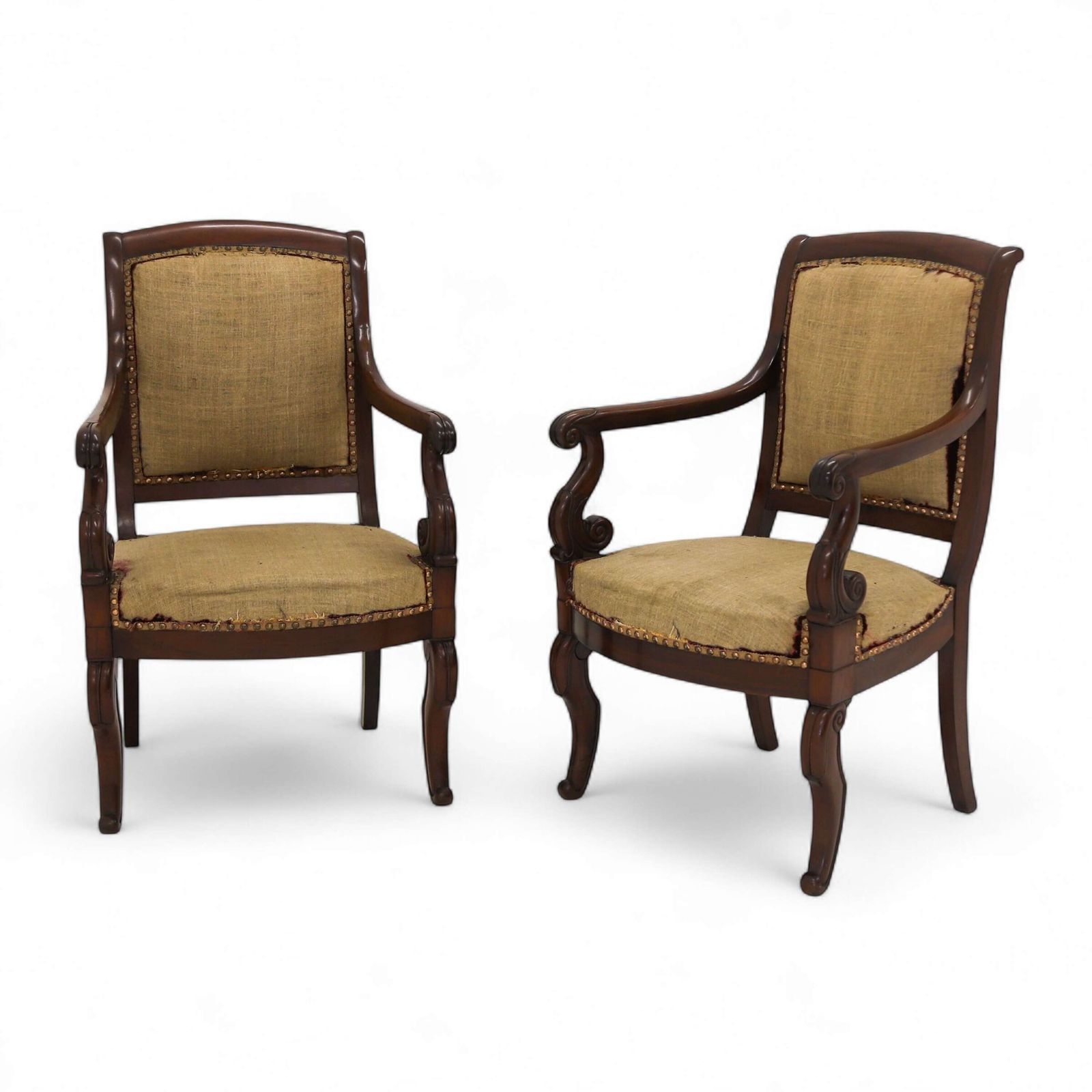 Pair Of French Mahogany Fauteuils – Early 19th Century Armchairs With Carved Scroll Arms