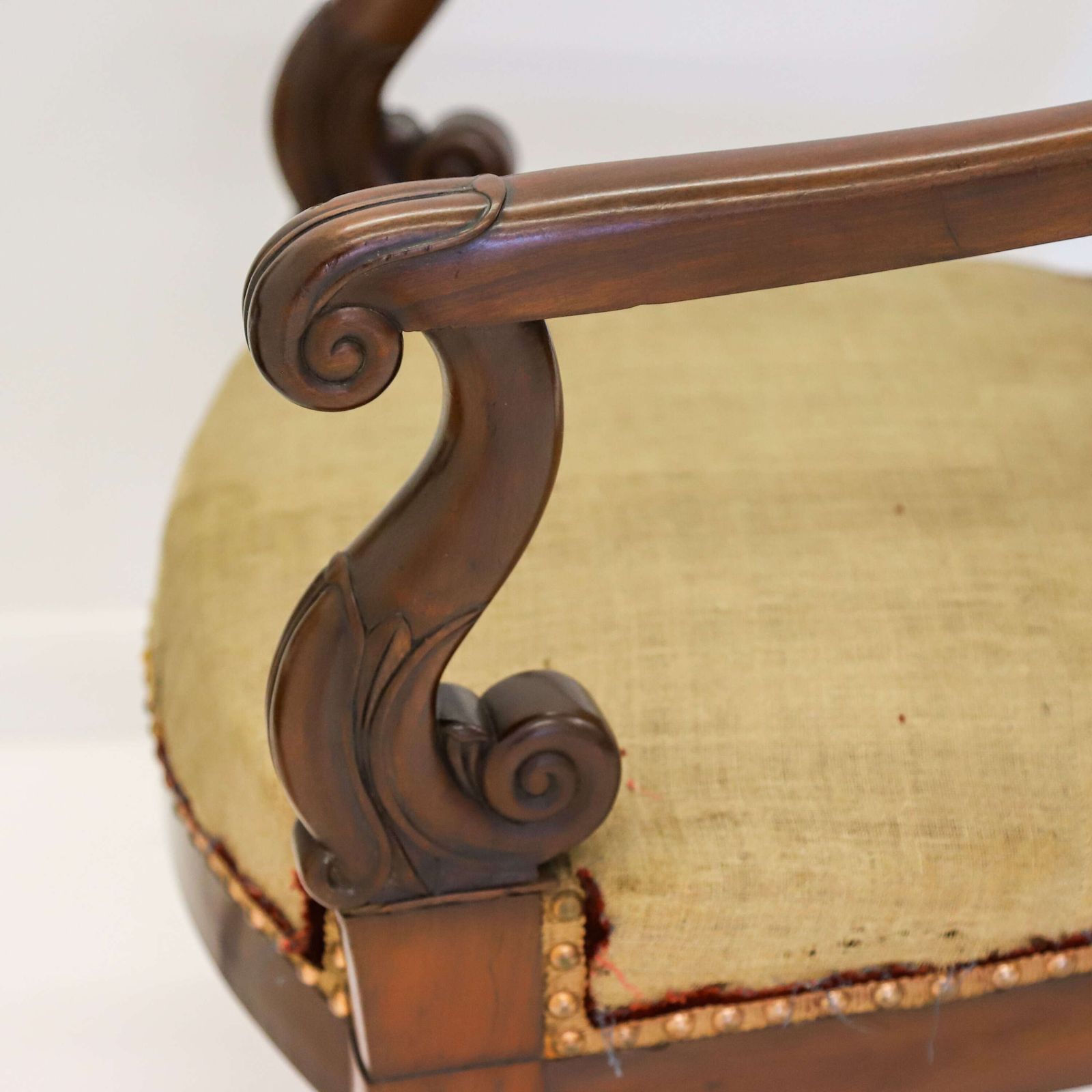 Pair Of French Mahogany Fauteuils – Early 19th Century Armchairs With Carved Scroll Arms photo vinterior