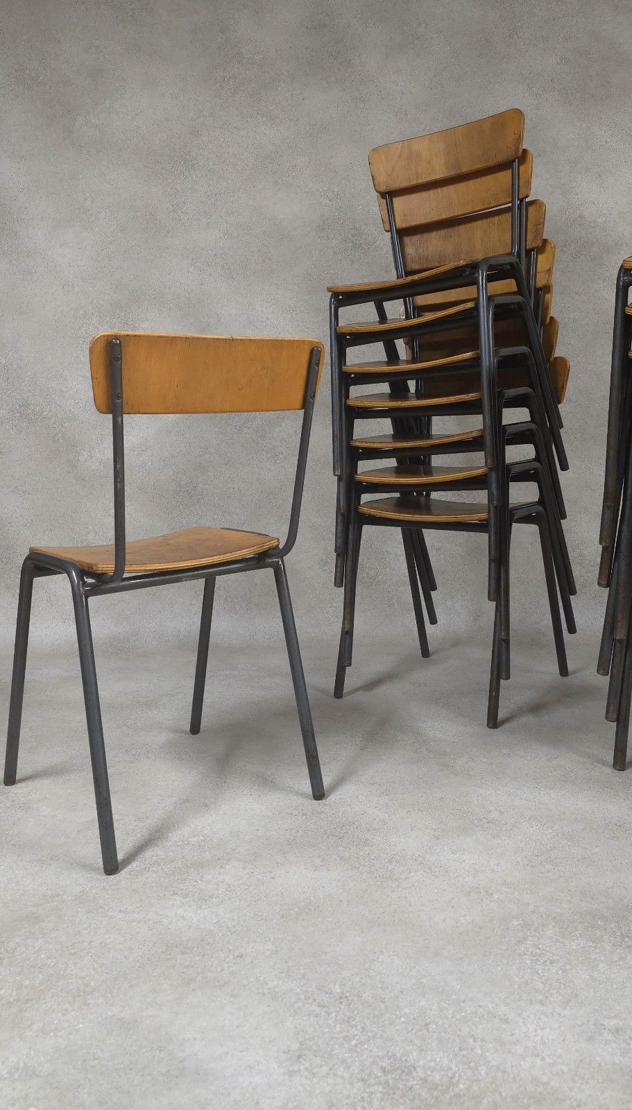 Vintage Industrial Stacking Chairs Steel Style Furniture Plywood & Steel photo for sale