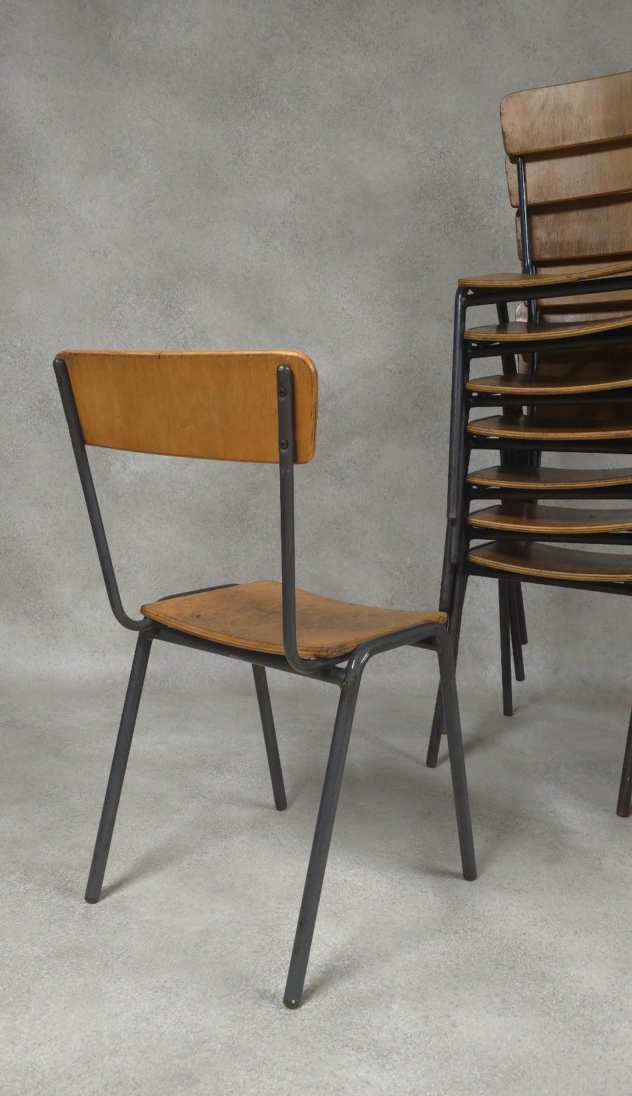 Vintage Industrial Stacking Chairs Steel Style Furniture Plywood & Steel photo Furniture