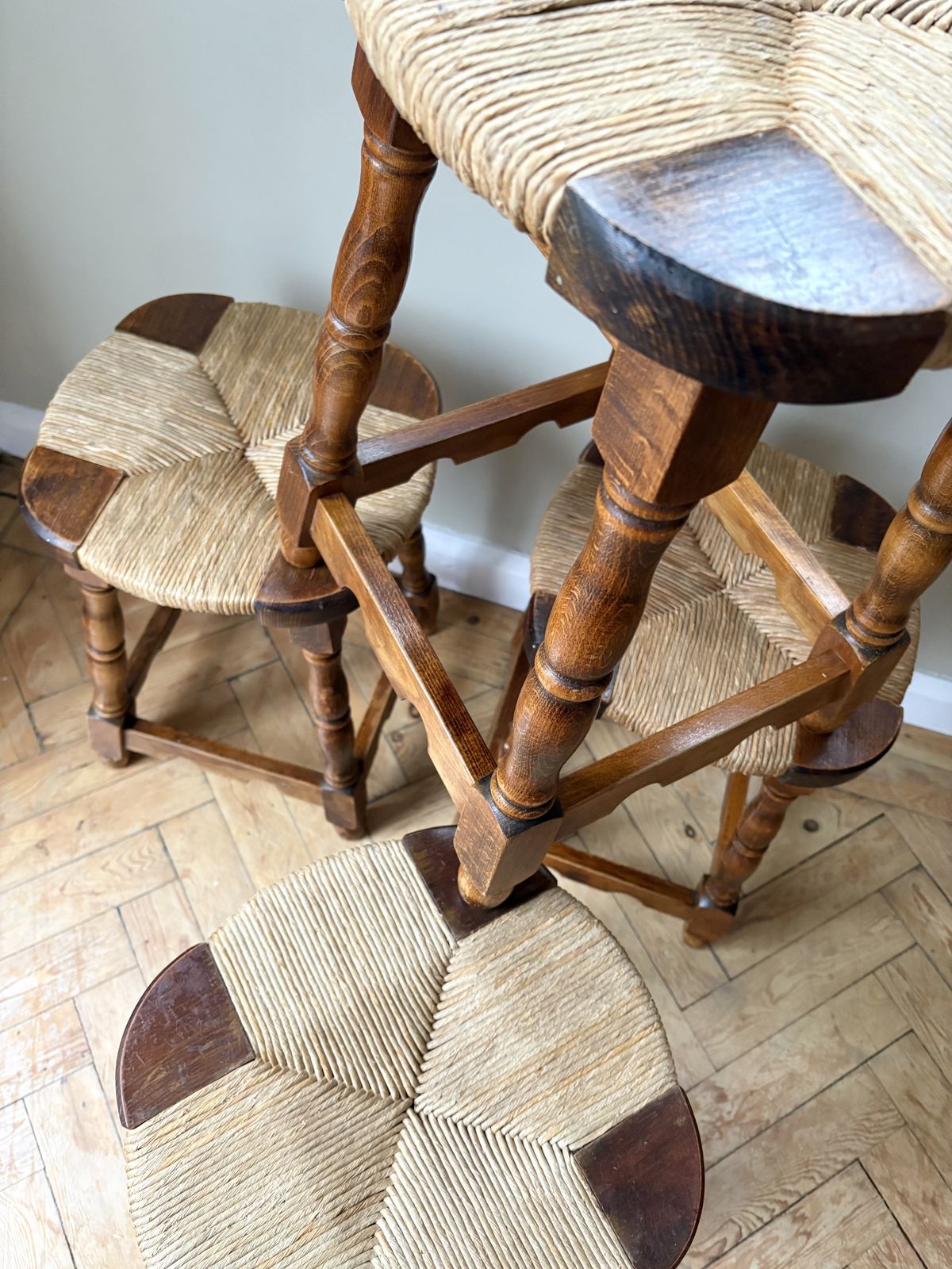 A Set Of 4 Vintage French Brutalist  Rope Stools photo vinterior