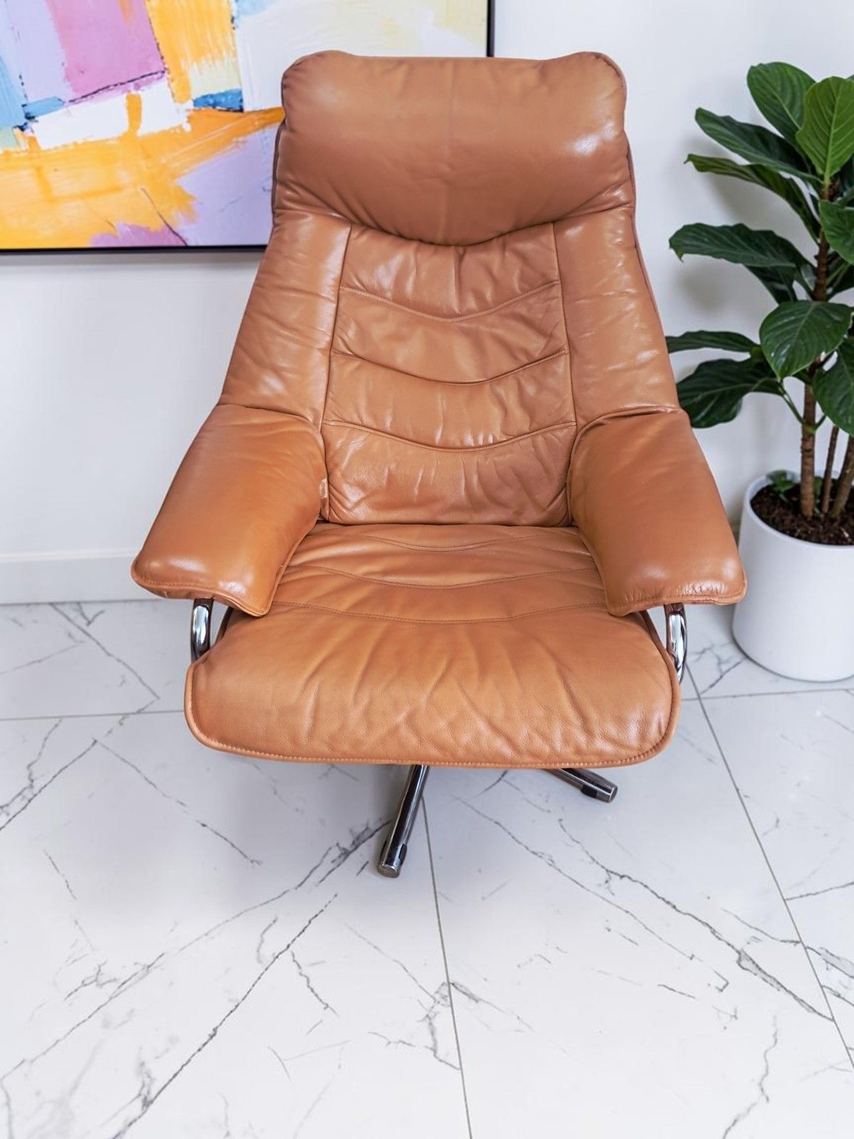 Mid Century Leather Lounge Chair Swivel & Footstool By Skoghaug Industri 1980 photo 775.0