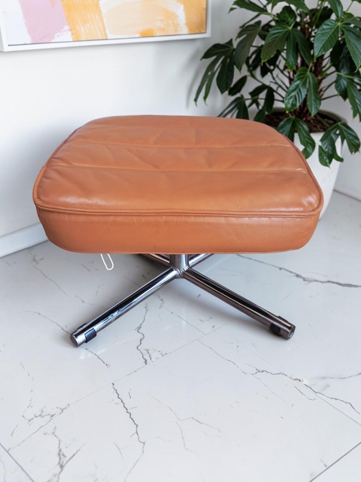Mid Century Leather Lounge Chair Swivel & Footstool By Skoghaug Industri 1980 photo vinterior