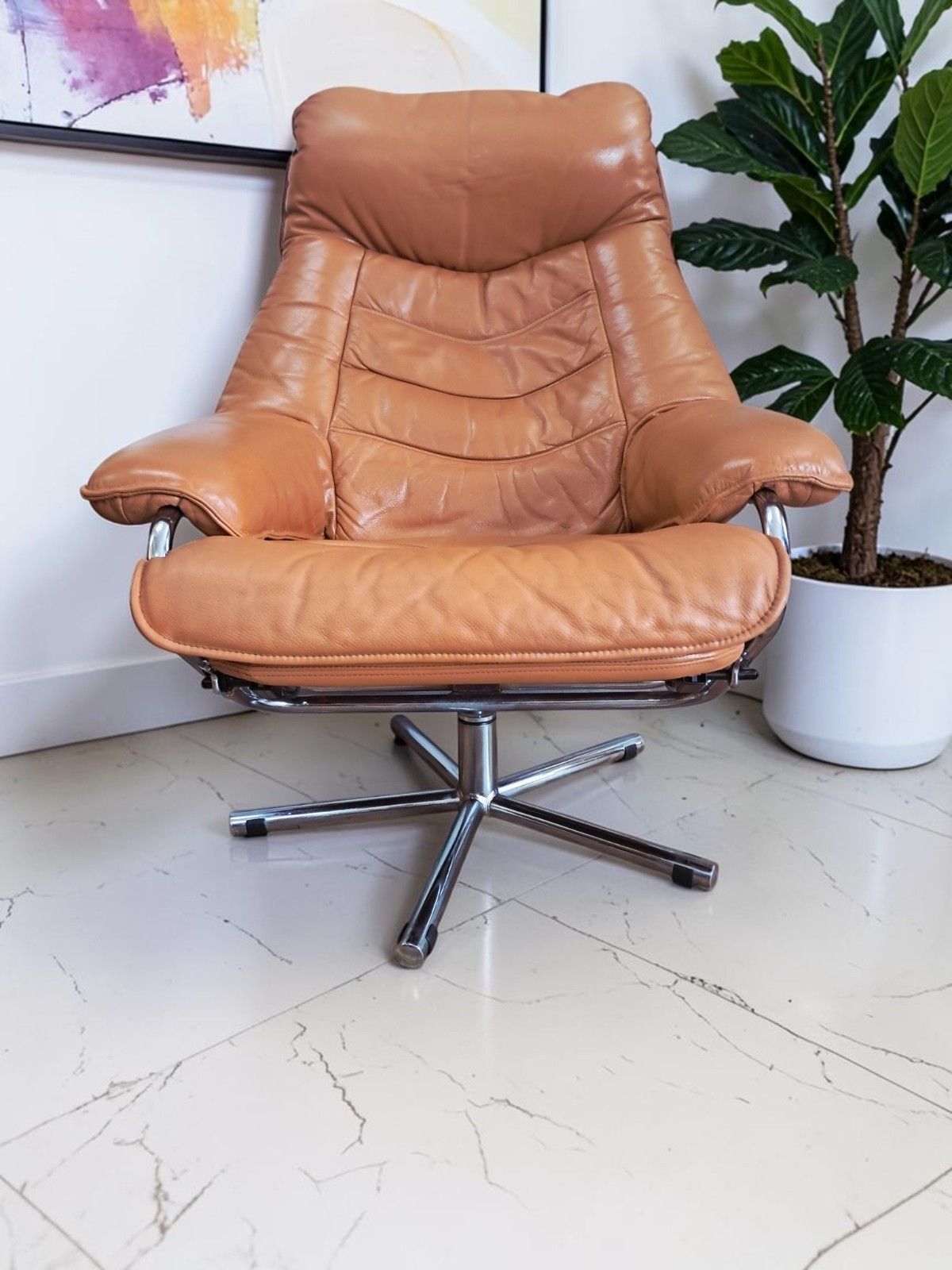 Mid Century Leather Lounge Chair Swivel & Footstool By Skoghaug Industri 1980 photo buy