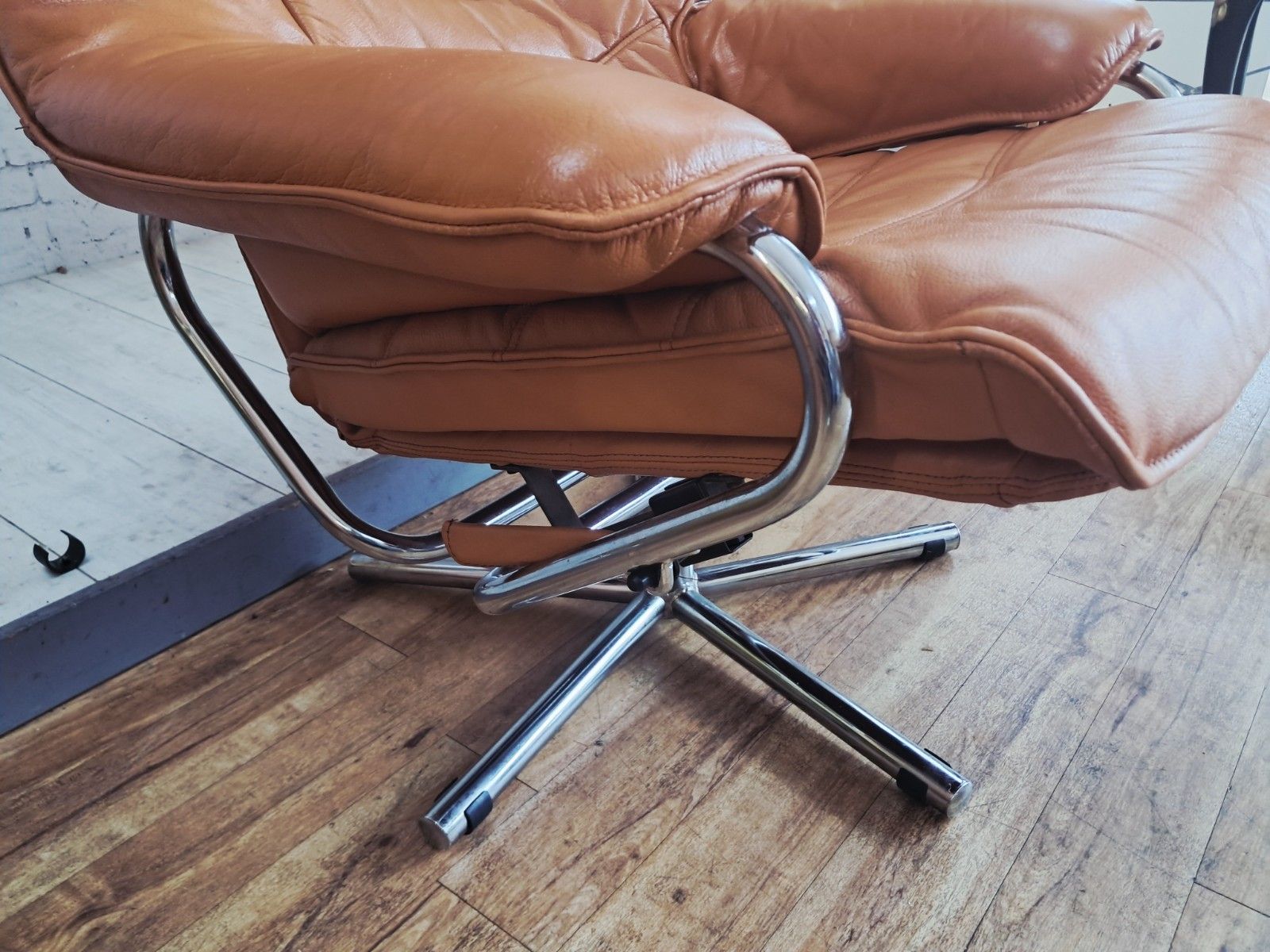 photo buy Mid Century Leather Lounge Chair Swivel & Footstool By Skoghaug Industri 1980