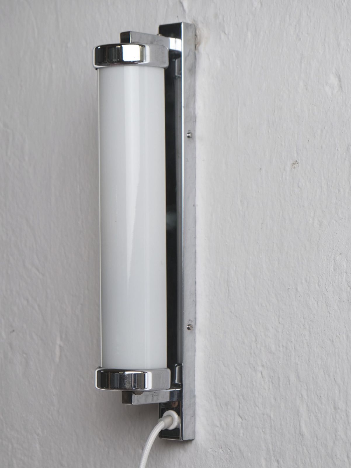 Bauhaus Chrome Wall Lamp By Napako With White Glass Cylinder, Power Cable And Plug, Size M photo Lighting