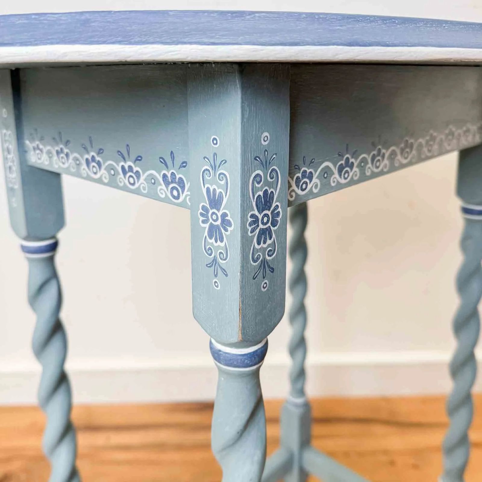 photo for sale Vintage Oval Barley Twist Table With Blue & White Painted Finish