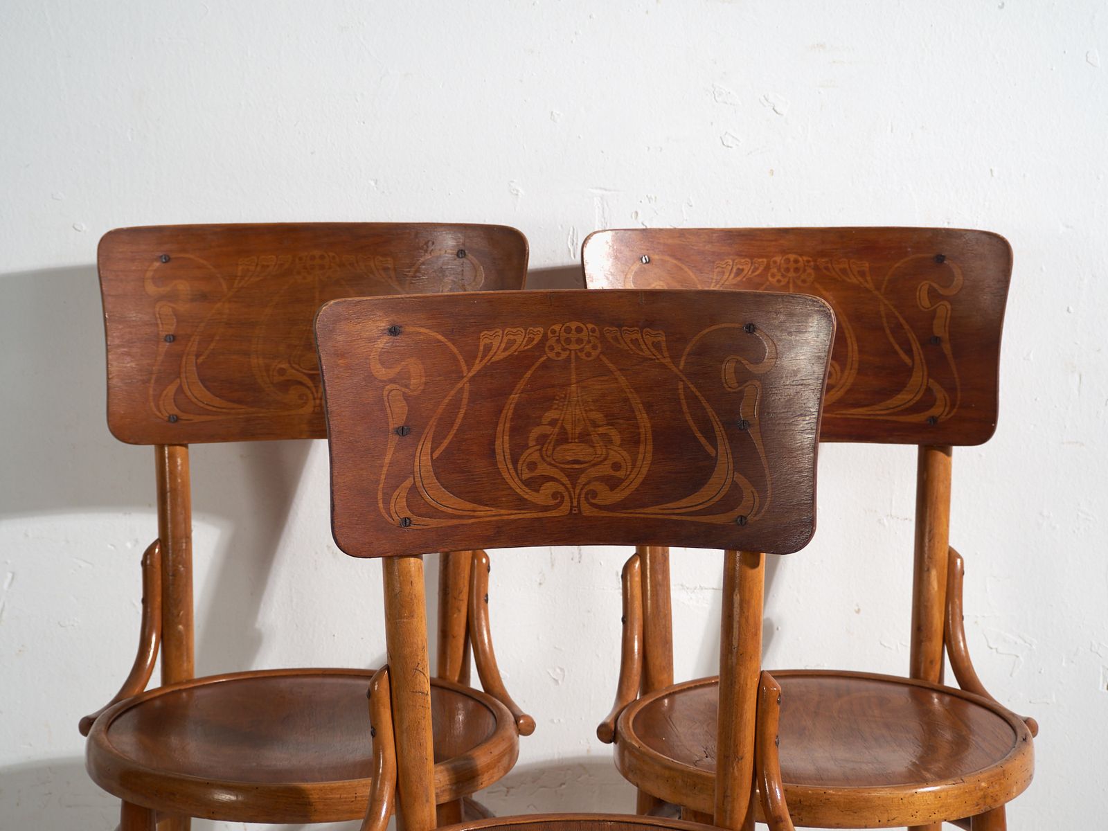 Antique Set Of 4 Viennese Café Bentwood Chairs With Decorative Back Panel – Central Europe, Circa 1900 photo for sale