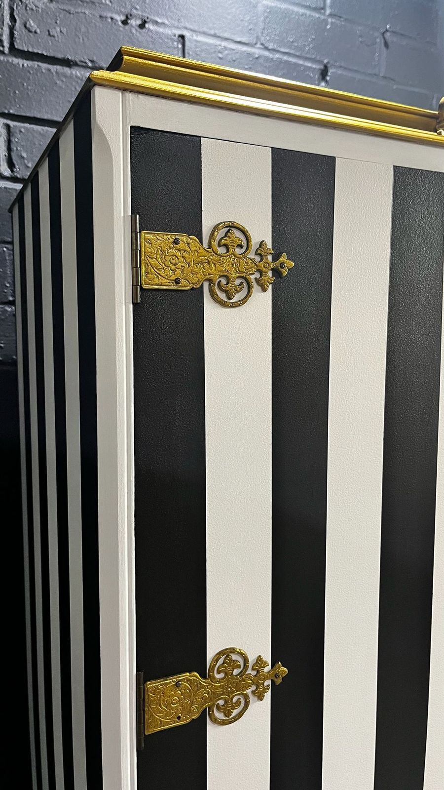 Stunning Queen Anne Style Vintage Drinks Cabinet, Hand Painted Luxury Black And White Stripe Exterior, Gold Accents photo 1600.0