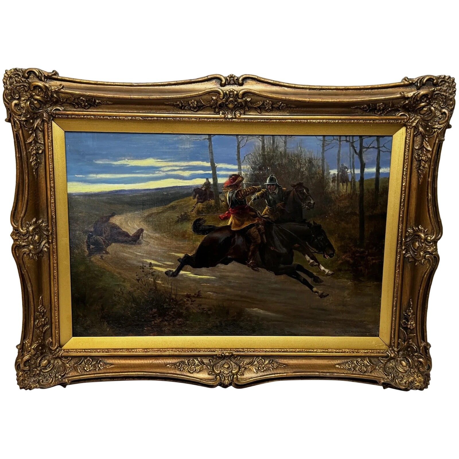19th Century Oil Painting Civil War Royalist Pursued By Roundheads Escape From Worcester 1651 Gilt Framed