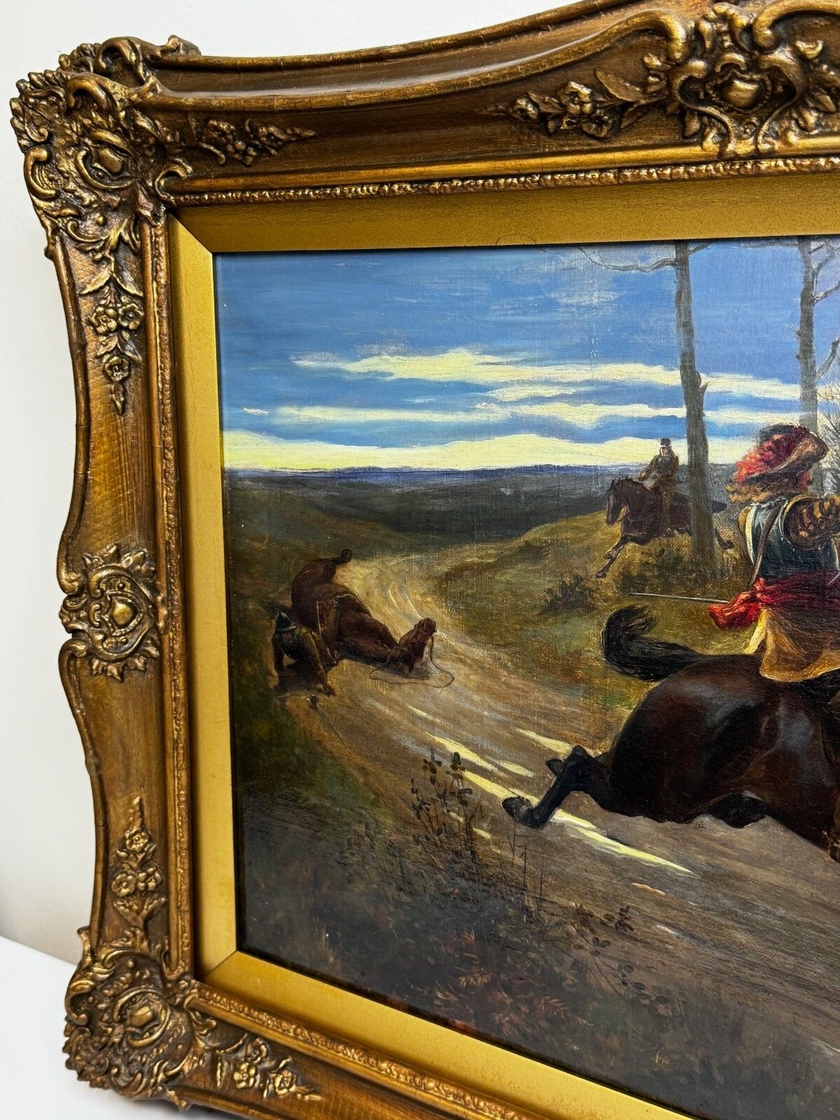 19th Century Oil Painting Civil War Royalist Pursued By Roundheads Escape From Worcester 1651 Gilt Framed photo Art