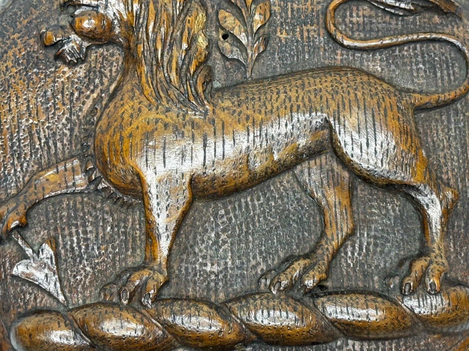 photo for sale 19th Century Pugin Design Carved Tiger Oak Heraldic Lion Shield Crest Sculpture