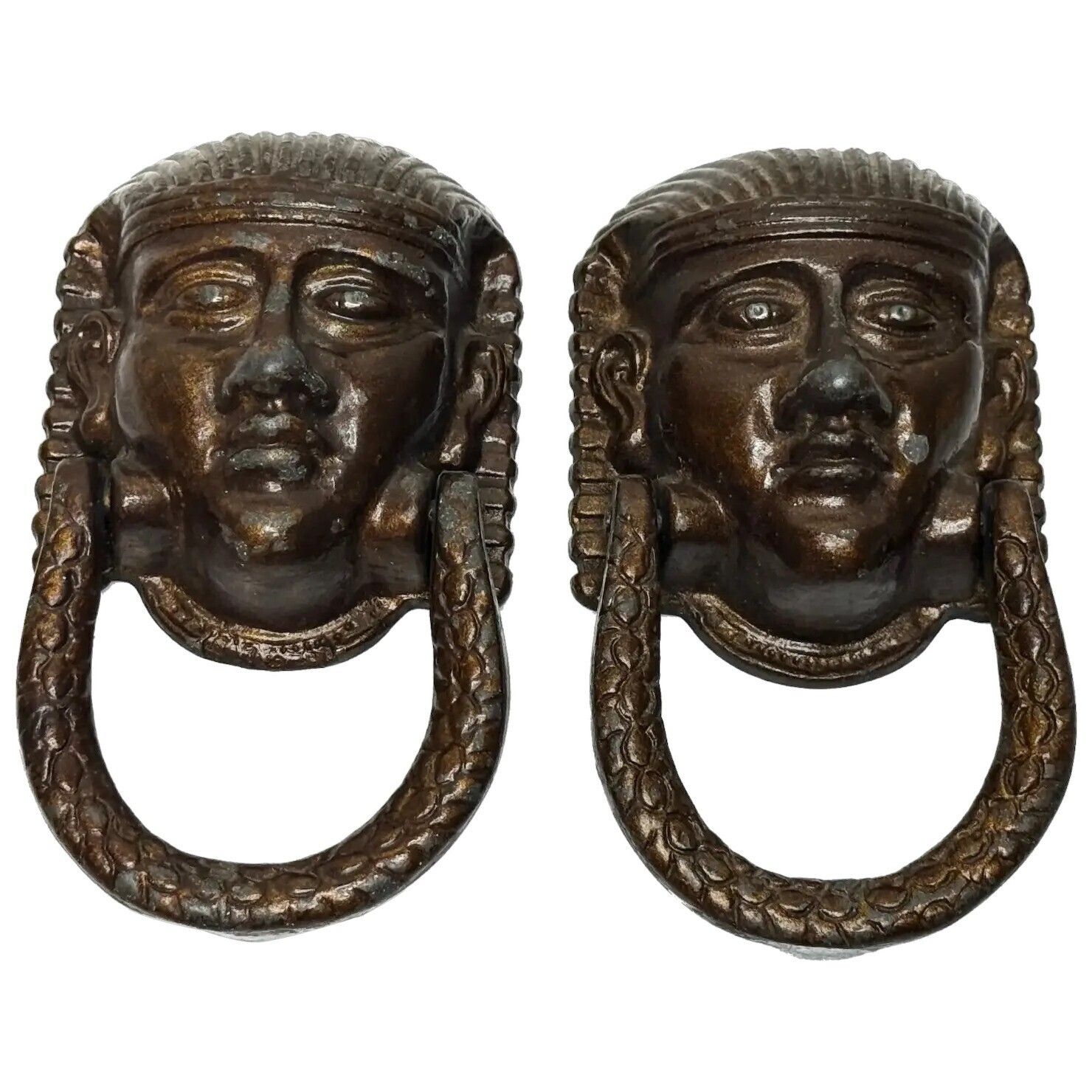 Pair Antique Neoclassical 19th Century Egyptian Sphinx Mask Bronze Door Knockers