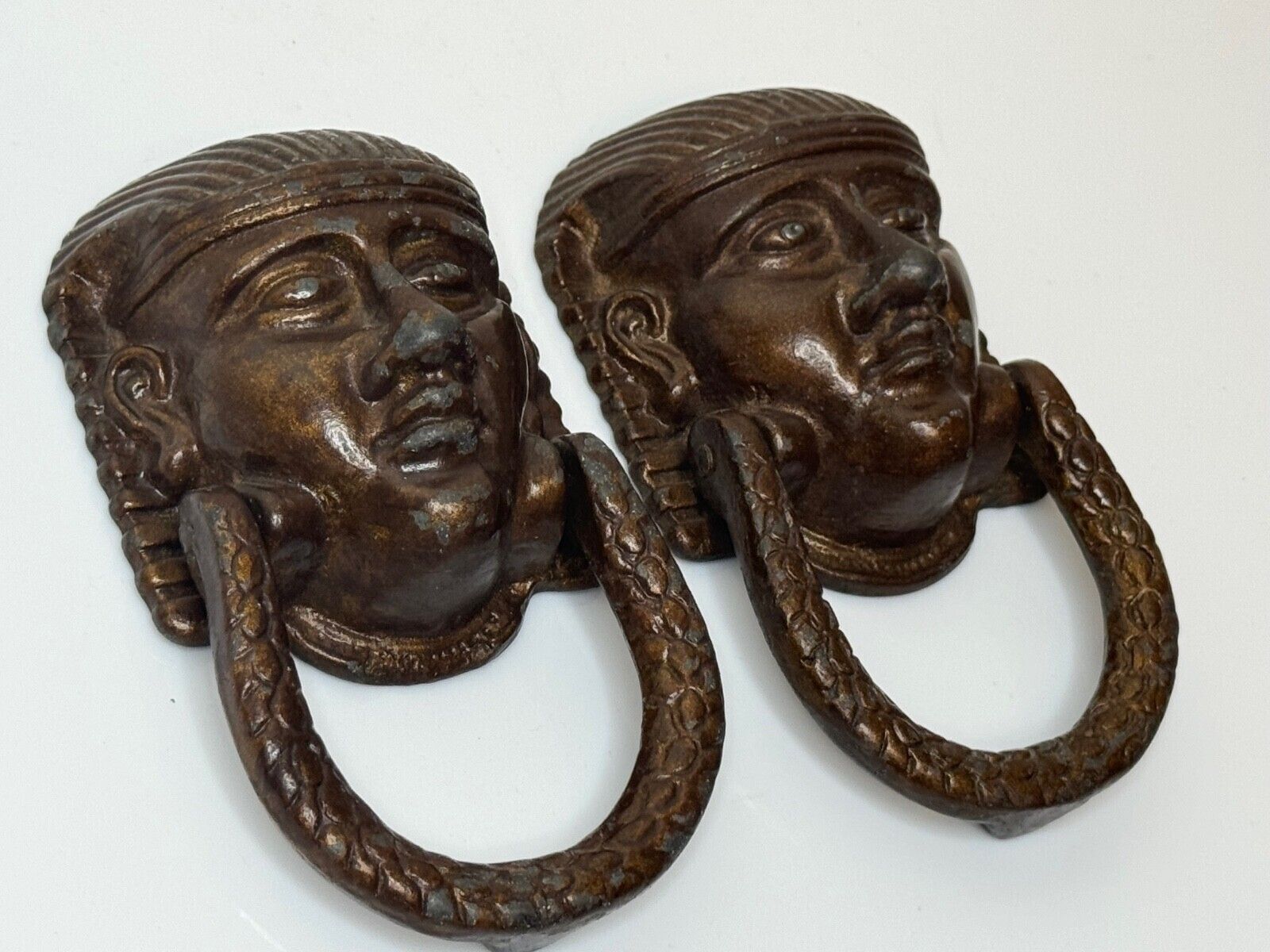 Pair Antique Neoclassical 19th Century Egyptian Sphinx Mask Bronze Door Knockers photo furniture