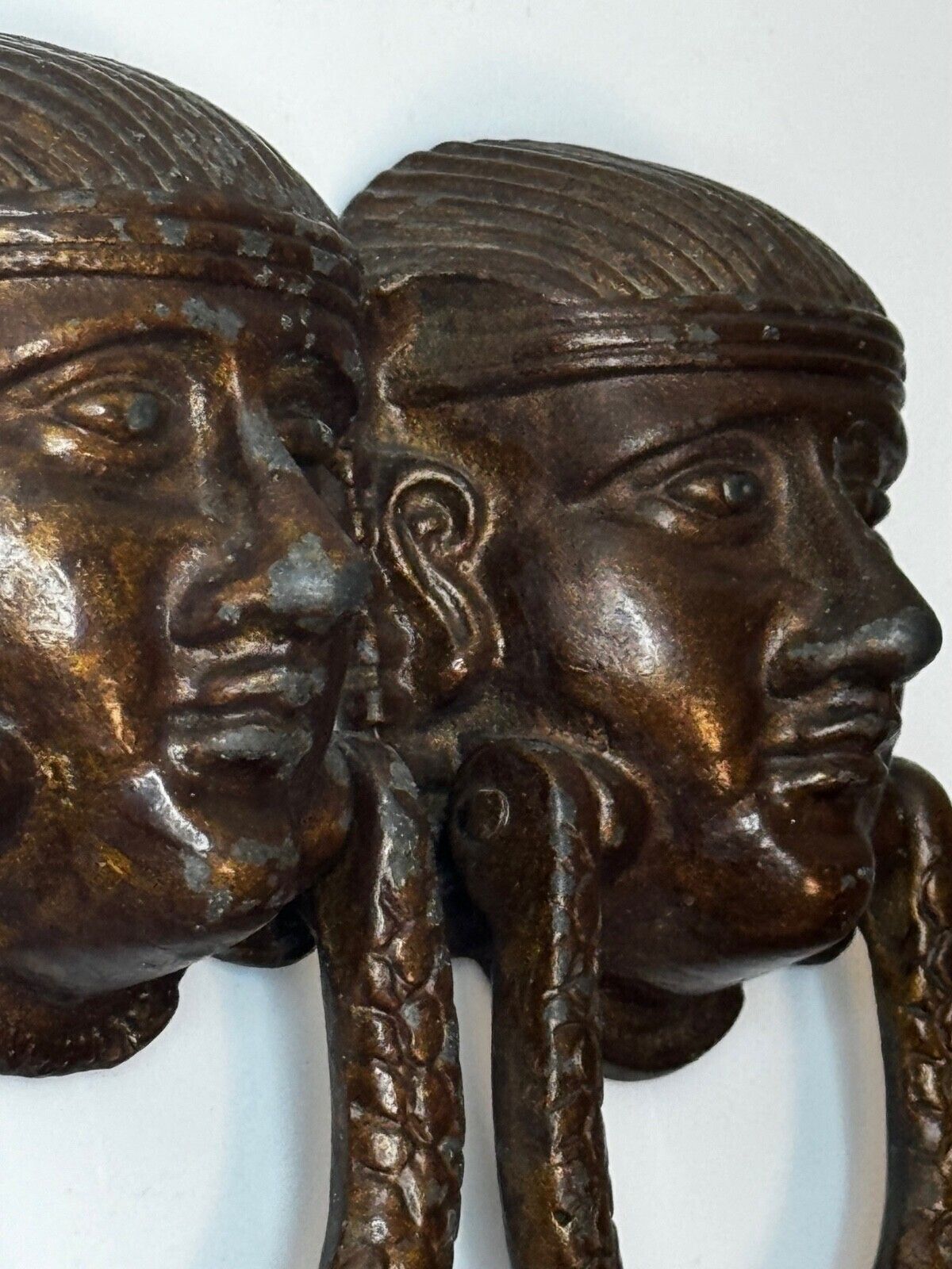 Pair Antique Neoclassical 19th Century Egyptian Sphinx Mask Bronze Door Knockers photo buy