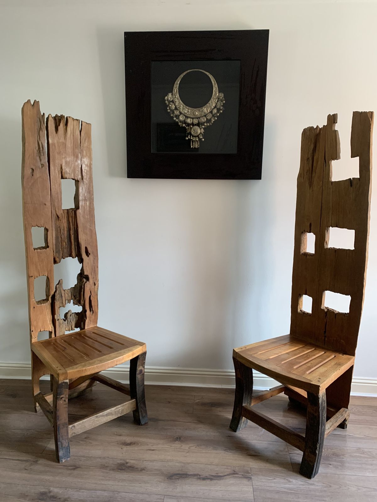 Vintage Balinese Teak Folk Art Chairs X2 photo for sale
