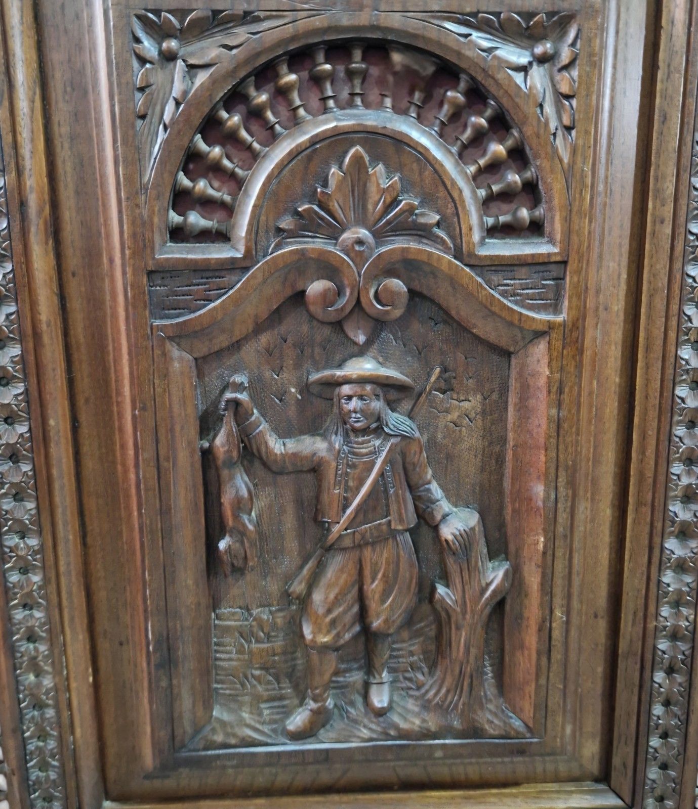photo for sale Antique Carved Oak Renaissance Revival Cabinet C.1880 Flemish Figural Panel Tall