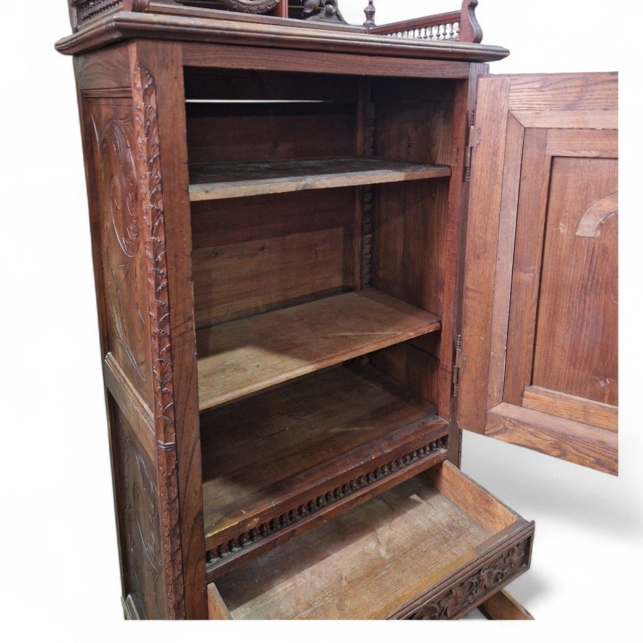 Furniture Antique Carved Oak Renaissance Revival Cabinet C.1880 Flemish Figural Panel Tall photo