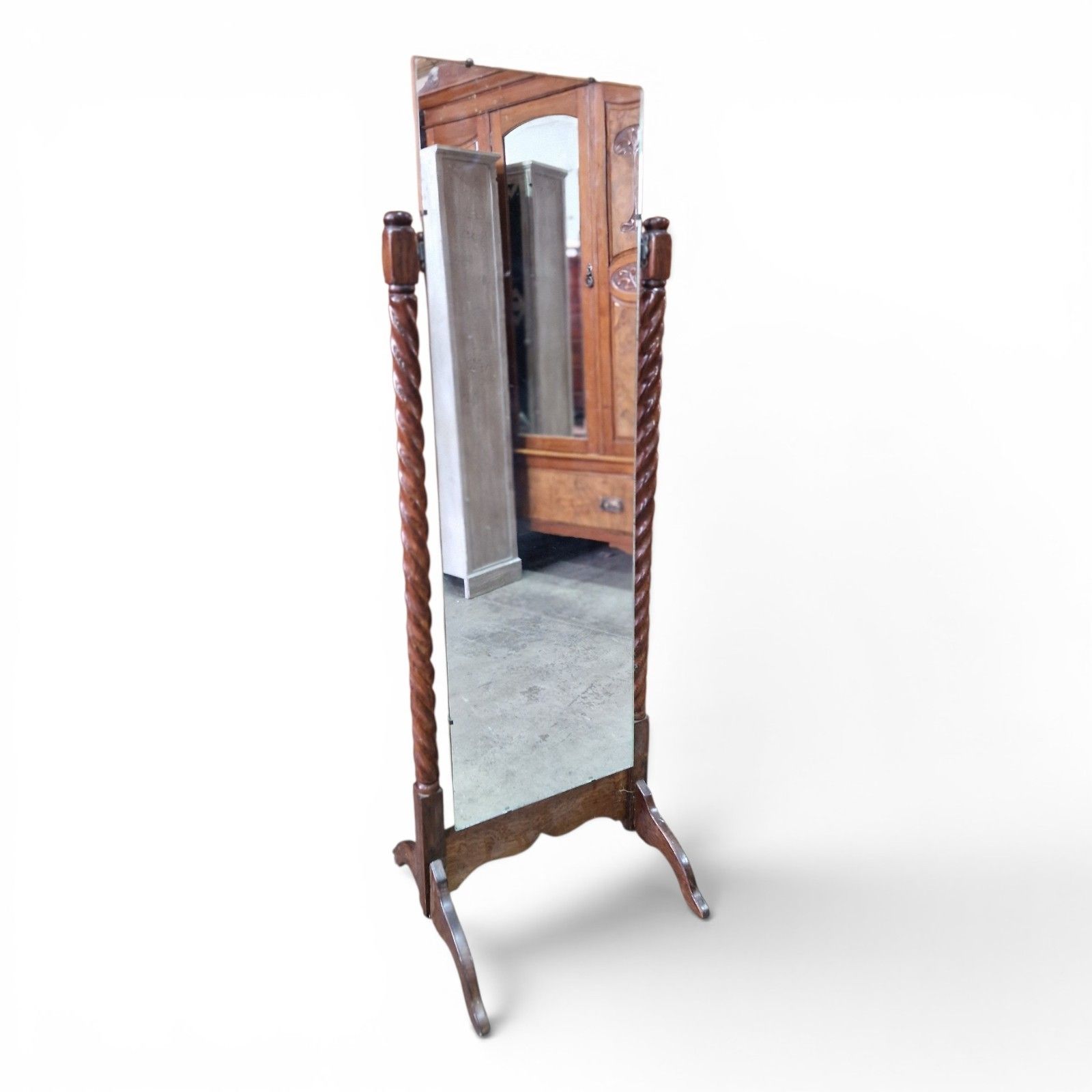 Vintage Cheval Mirror Barley Twist Stand Early 20th Century Tilting Mirror Oak photo for sale
