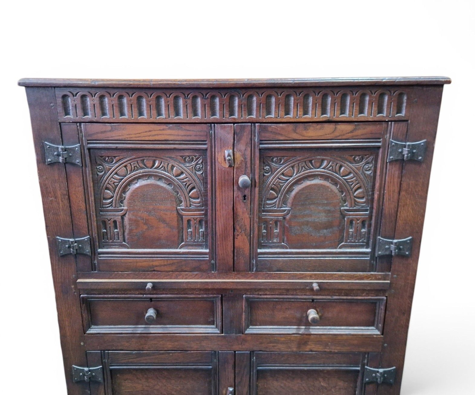 Carved Oak Drinks Cabinet Bar Cocktail Cupboard Drawers Slide Antique Style photo vintage