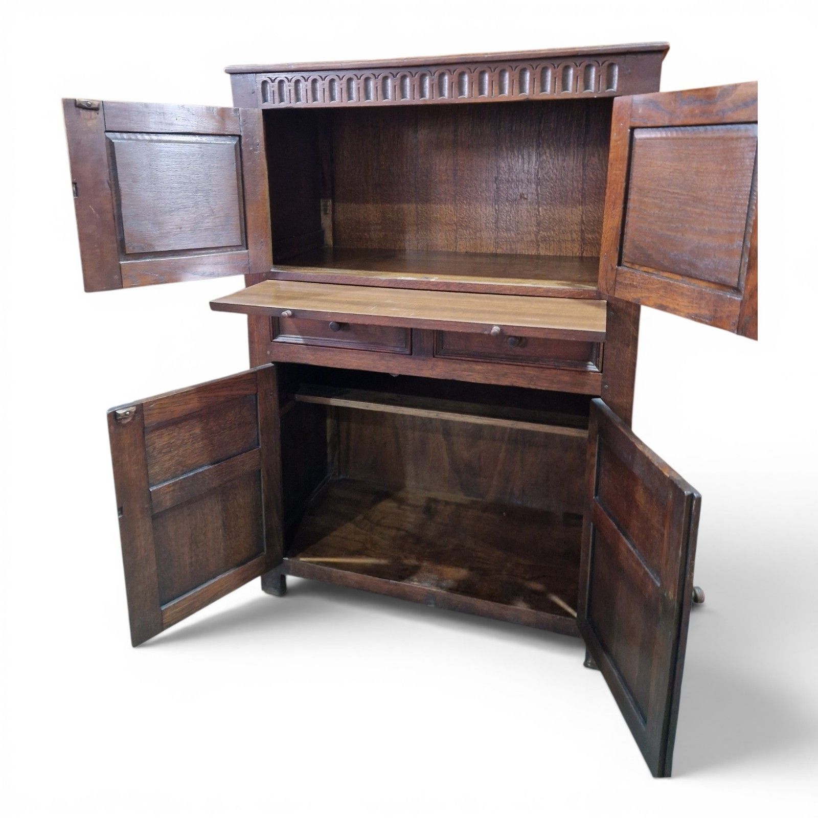 Furniture Carved Oak Drinks Cabinet Bar Cocktail Cupboard Drawers Slide Antique Style photo