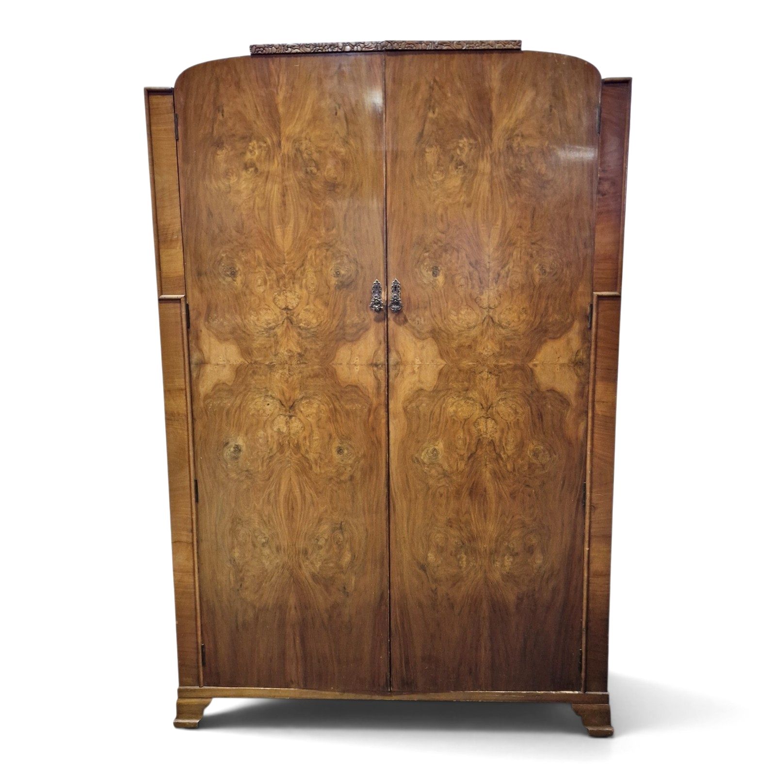 Art Deco Walnut Wardrobe Armoire Antique Vintage Figured Double Doors Carved photo for sale