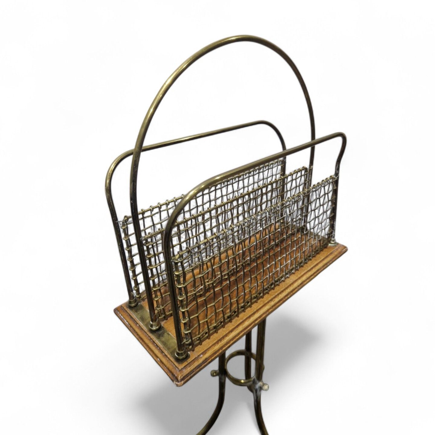 Art Deco Brass Magazine Stand Wire Rack With Handle Vintage Revolving Top photo vinterior