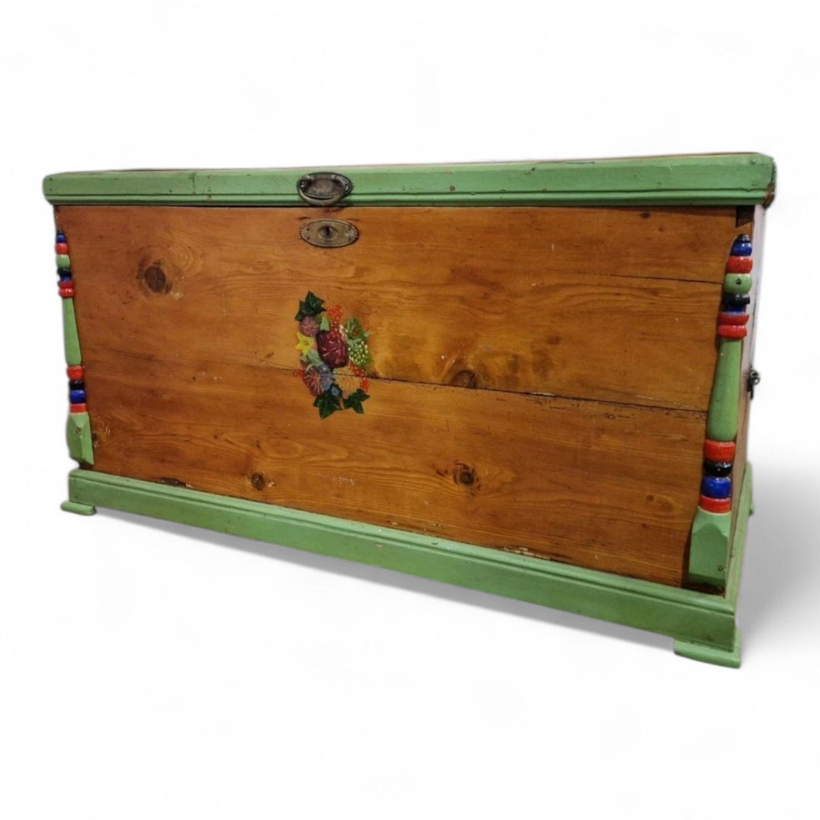 Pine Blanket Box Antique Wood Hand Painted Scandinavian Folk Art Storage Chest photo Furniture