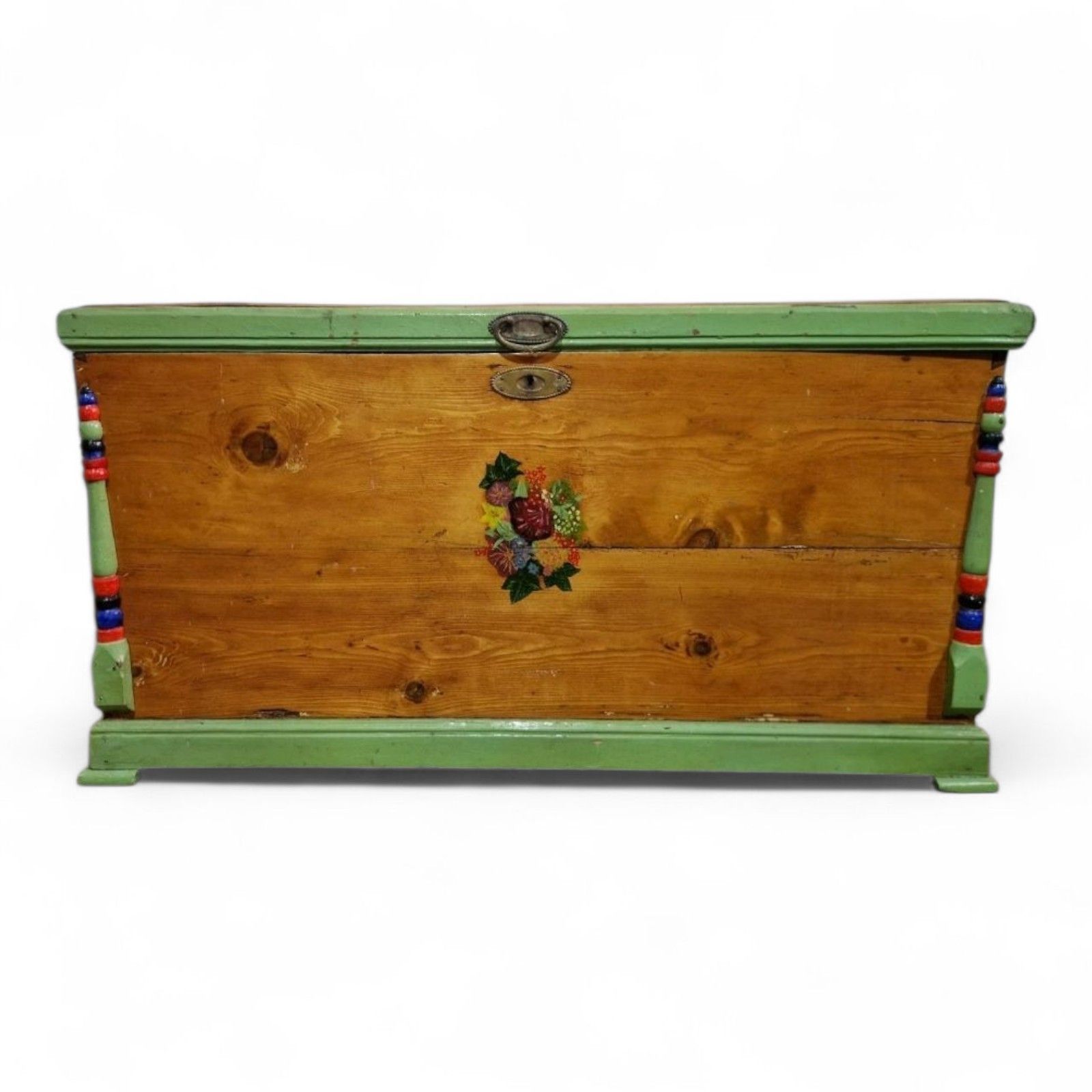 Pine Blanket Box Antique Wood Hand Painted Scandinavian Folk Art Storage Chest photo vinterior