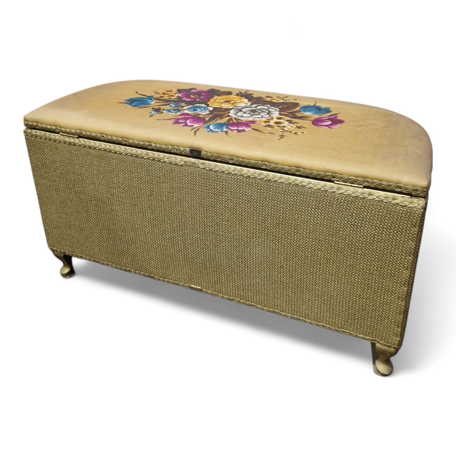 photo vintage Vintage Blanket Box Upholstered Top Floral Motif Lift Up Lid Storage Trunk