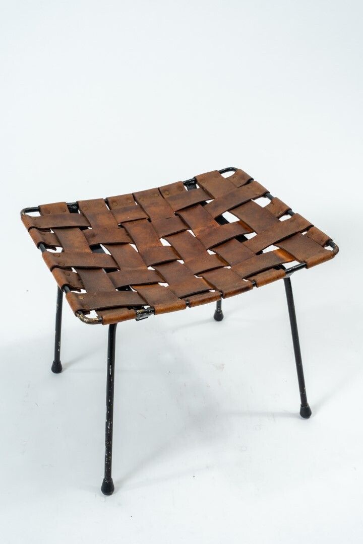 Walker Weed & Gordon Keeler – Modernist Stool With Braided Leather Straps USA, Late 1950s