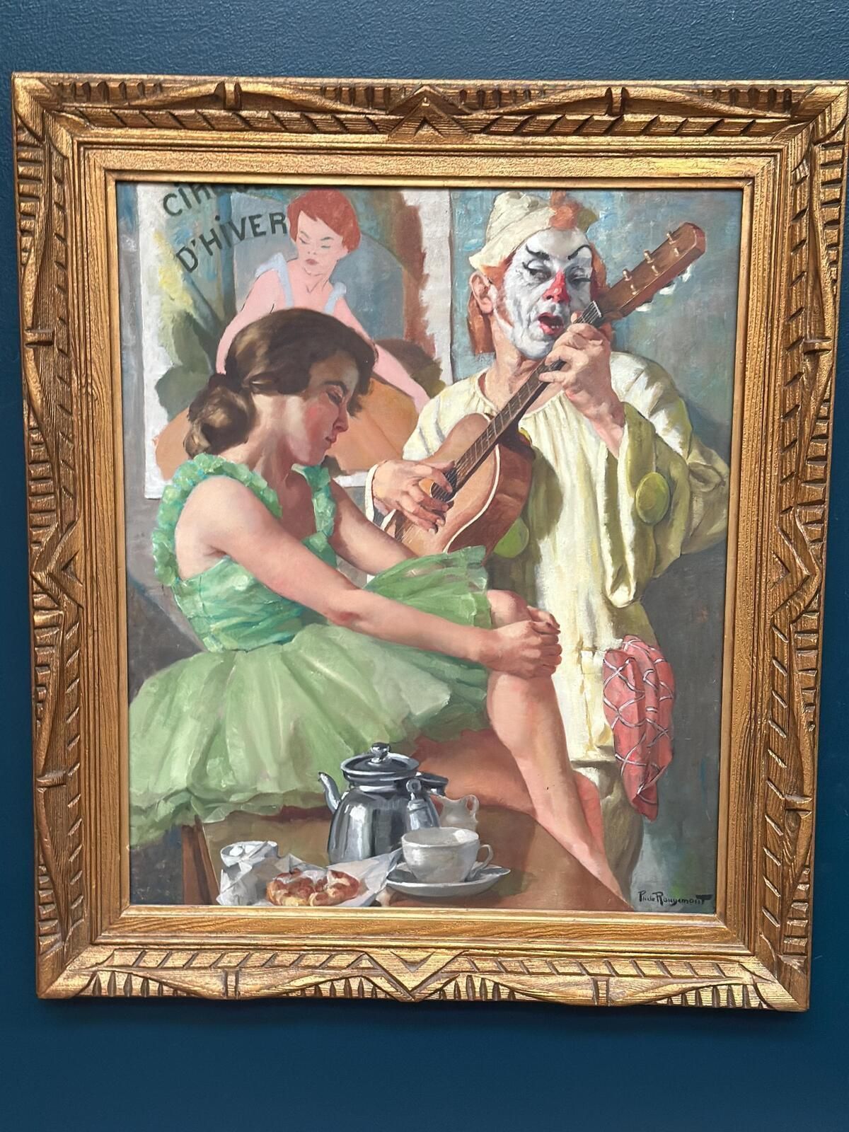 Original Early Century French Oil On Canvas – “Woman And Clown” By Philippe De Rougemont – Vintage & Framed – 82 × 70 Cm (32.3" × 27.6" photo furniture