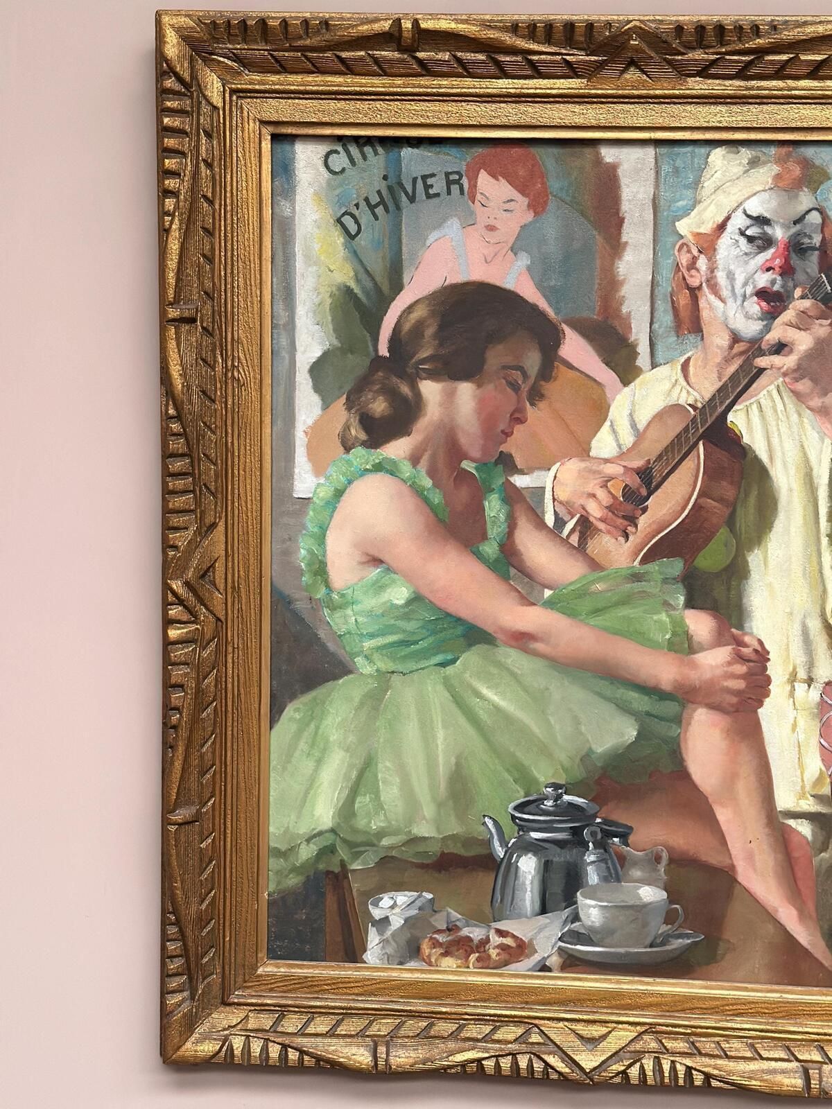 photo buy Original Early Century French Oil On Canvas – “Woman And Clown” By Philippe De Rougemont – Vintage & Framed – 82 × 70 Cm (32.3" × 27.6"