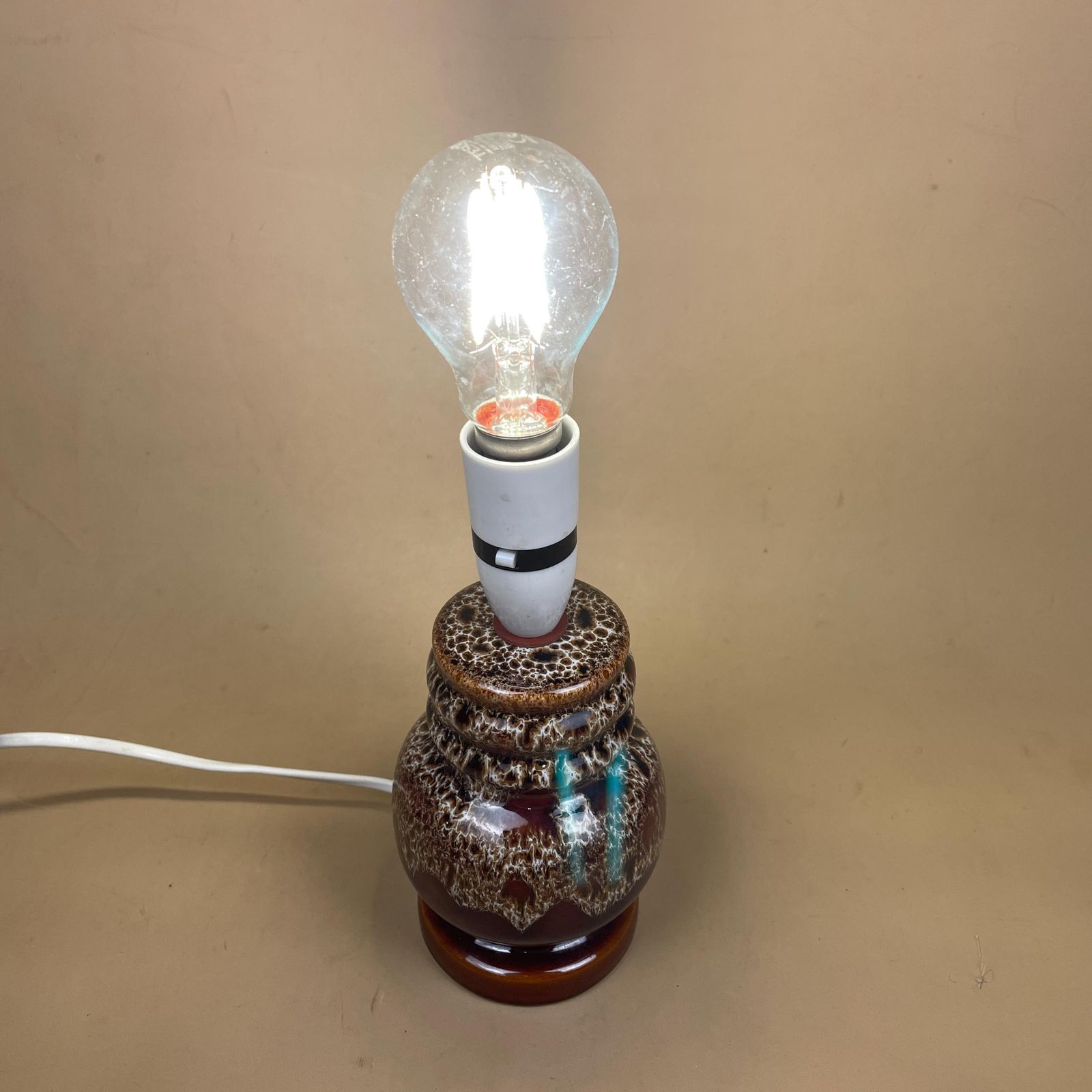 photo for sale Vintage Ceramic Patterned Brown Studio Pottery Lamp Bedside Table Light Handle Vase Retro Cottage Natural Antique Pattern Handmade Marbled