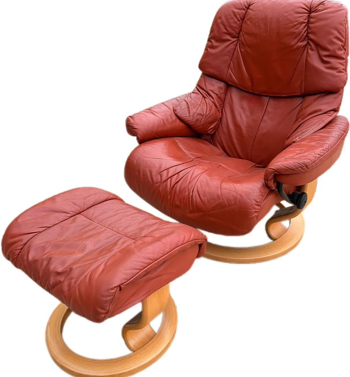 Stressless By Ekornes Reno Model Leather Recliner With Footrest Cognac Brown