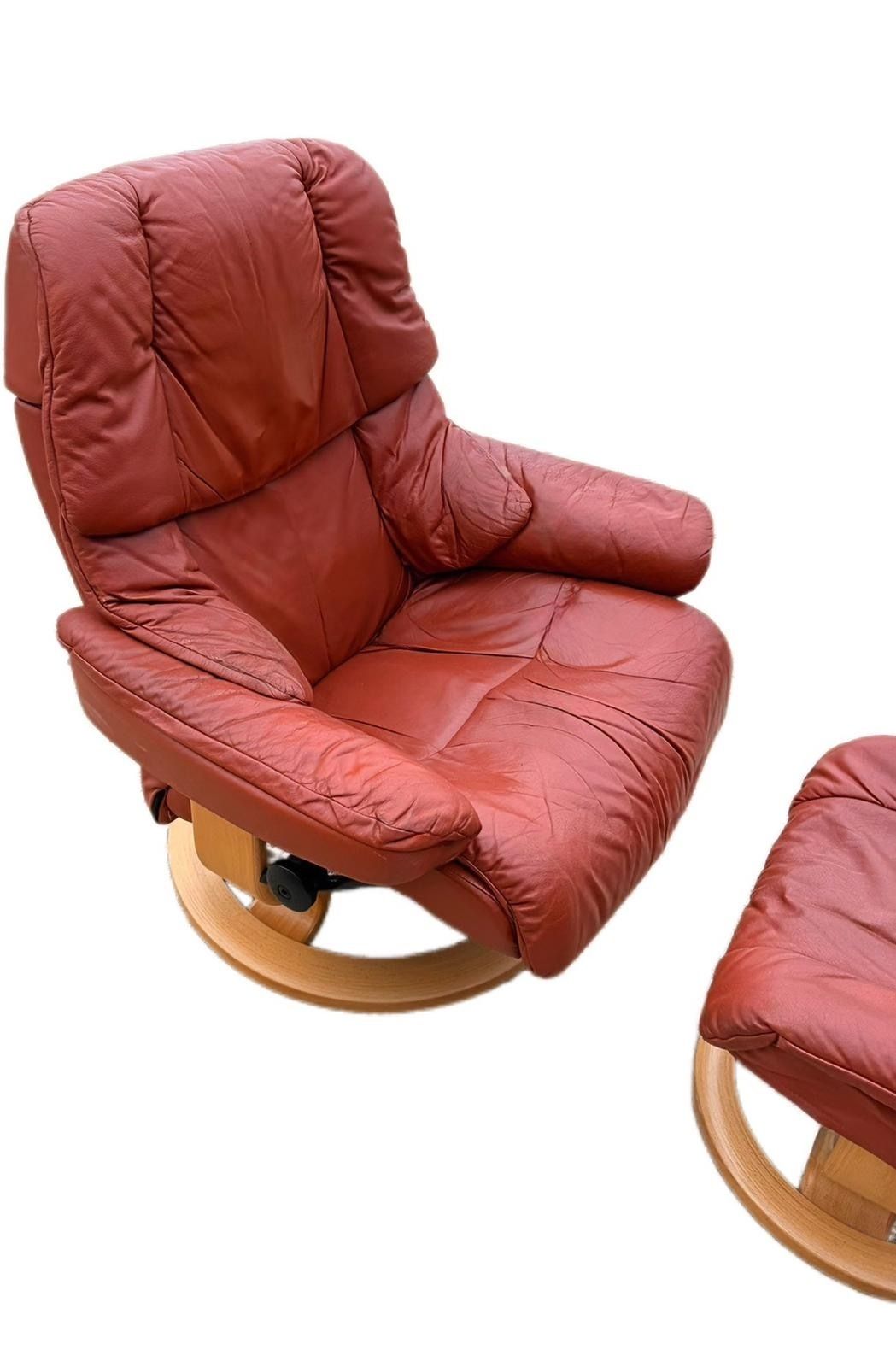 Stressless By Ekornes Reno Model Leather Recliner With Footrest Cognac Brown photo furniture