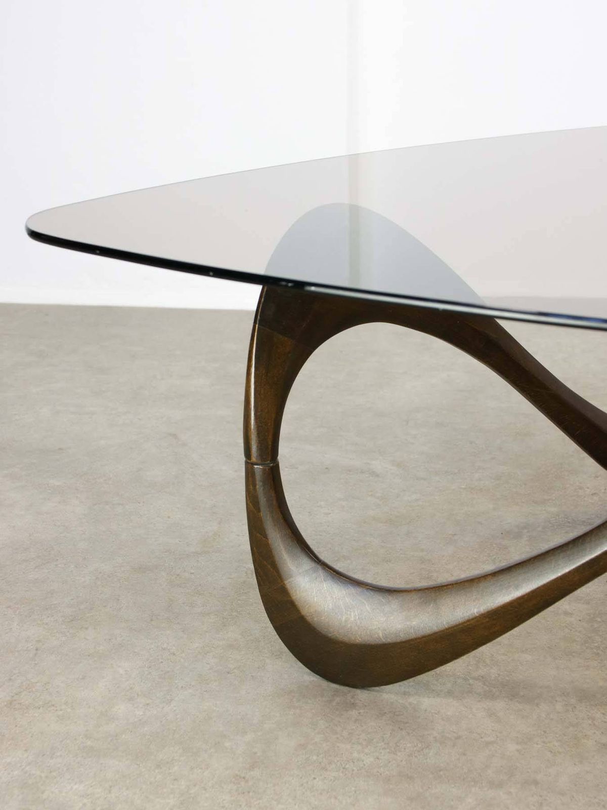 Italian Organic "Snake" Wooden And Smoked Glass Coffee Table, 1960s photo Furniture